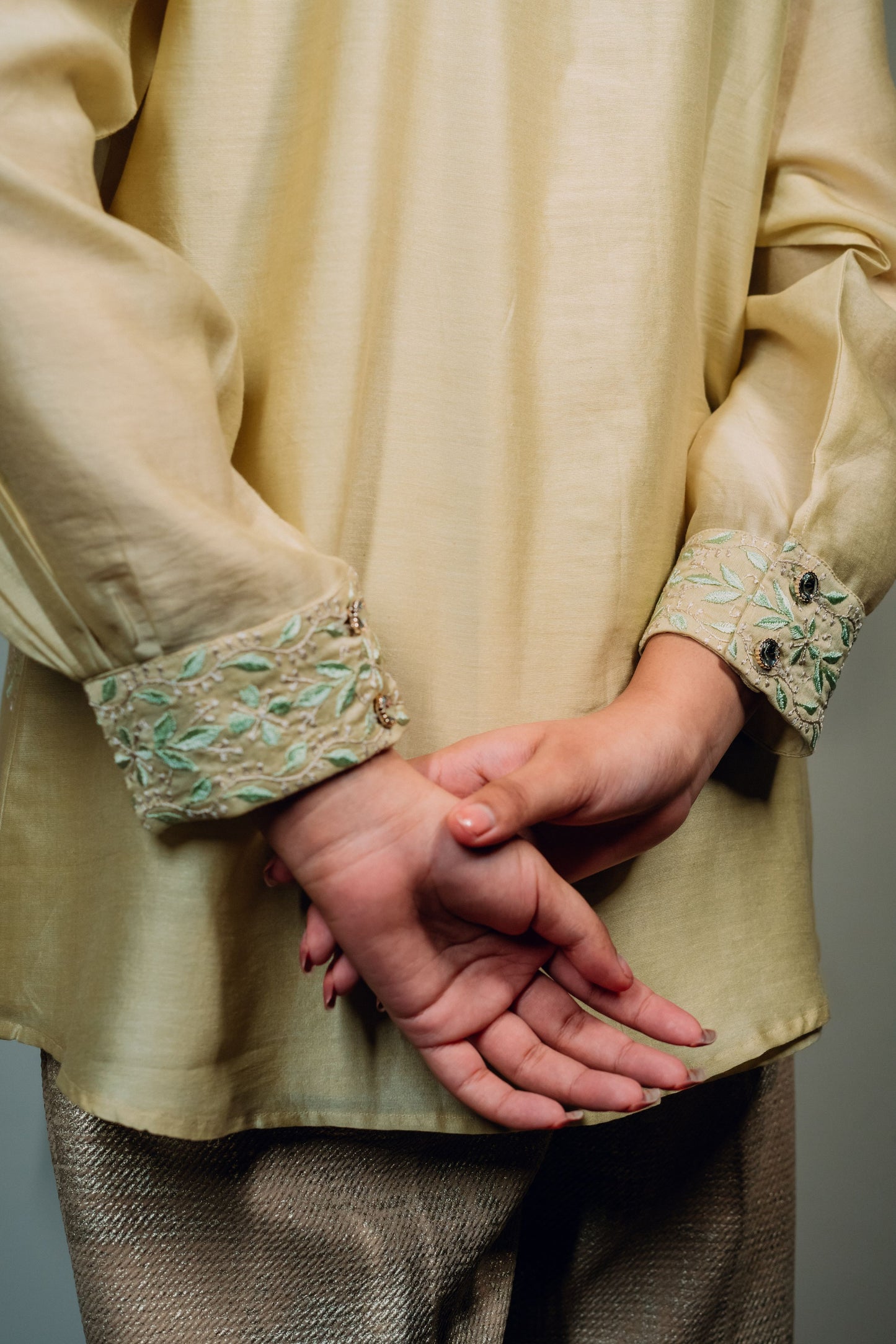 Light Green Chanderi Silk Chinese Collar Shirt