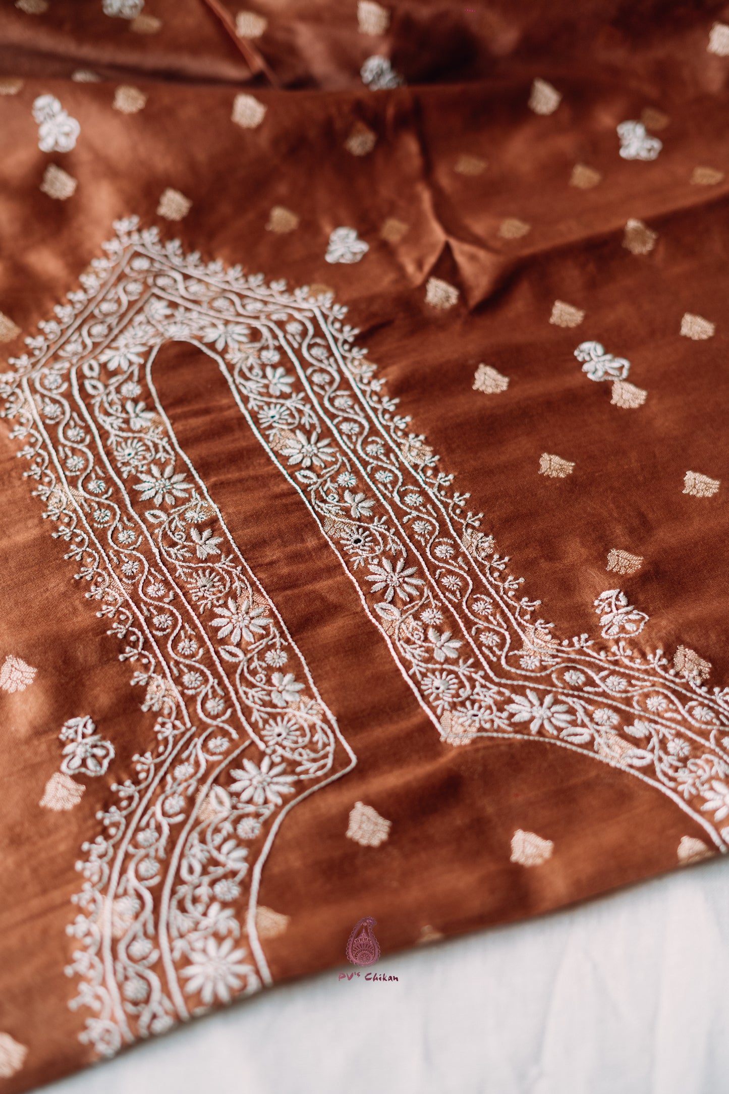 Rust Brown Chanderi Chikankari Men's Kurta