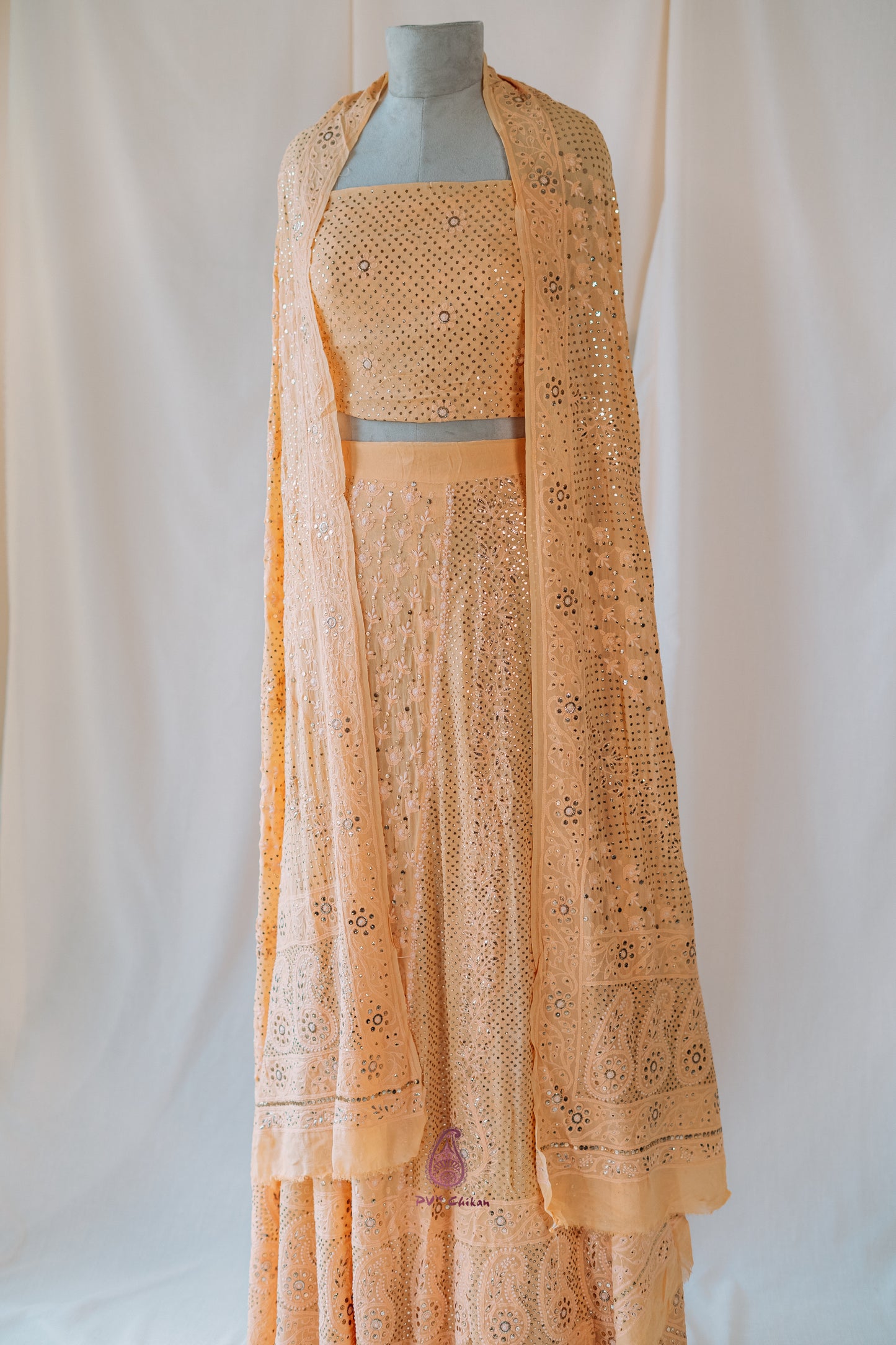 Light Orange Chikankari & Mukaish Georgette Lehenga Set