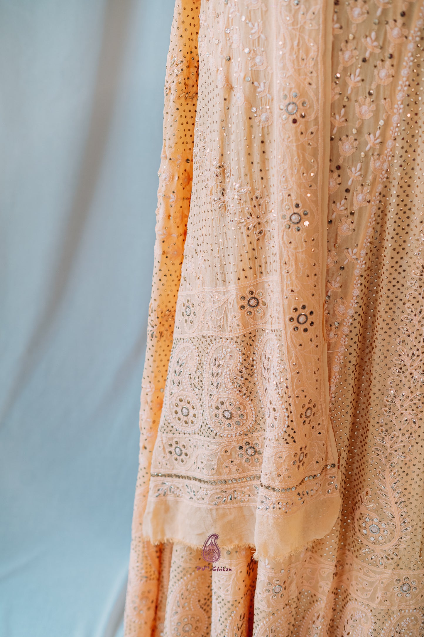 Light Orange Chikankari & Mukaish Georgette Lehenga Set