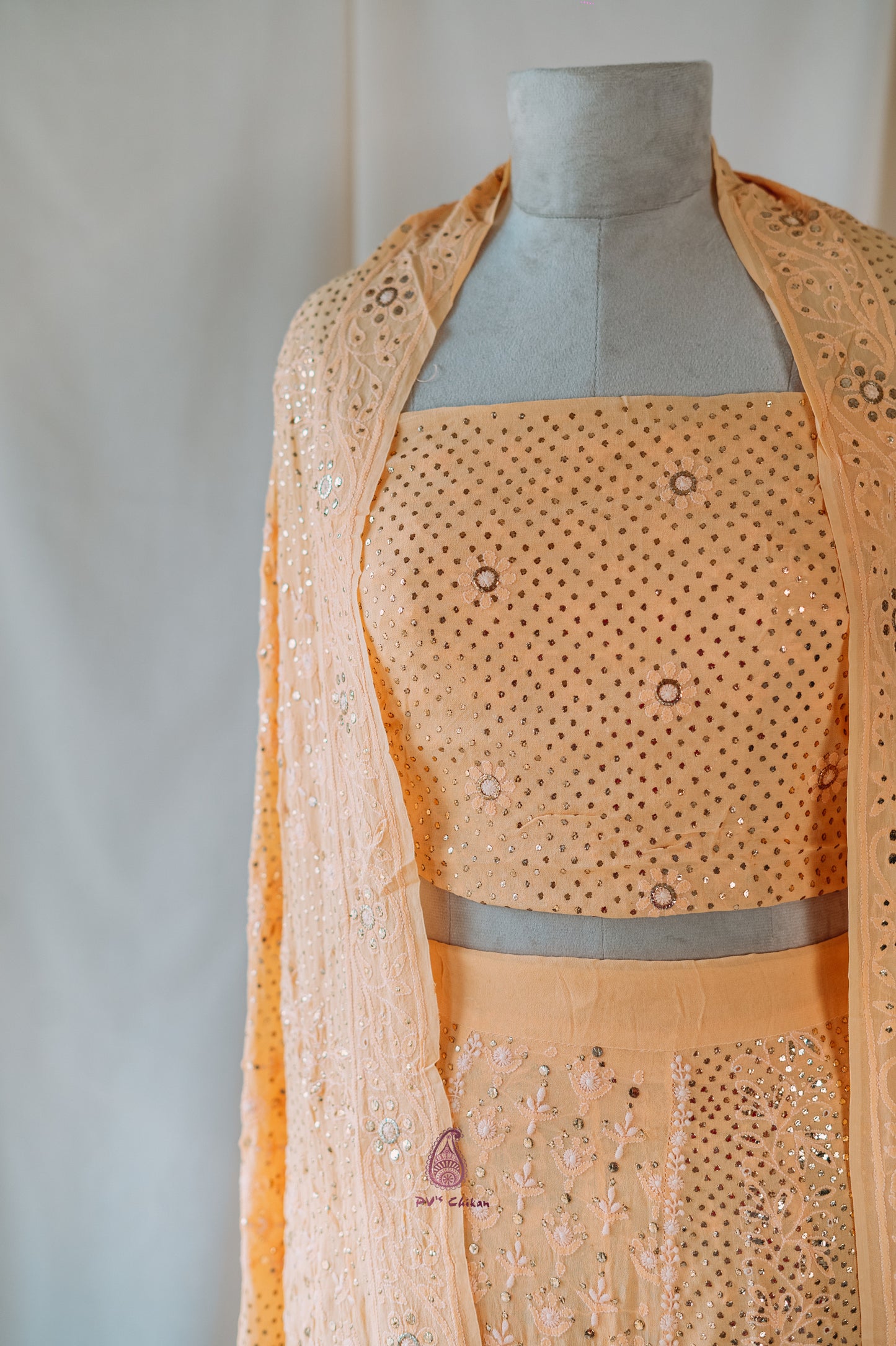 Light Orange Chikankari & Mukaish Georgette Lehenga Set