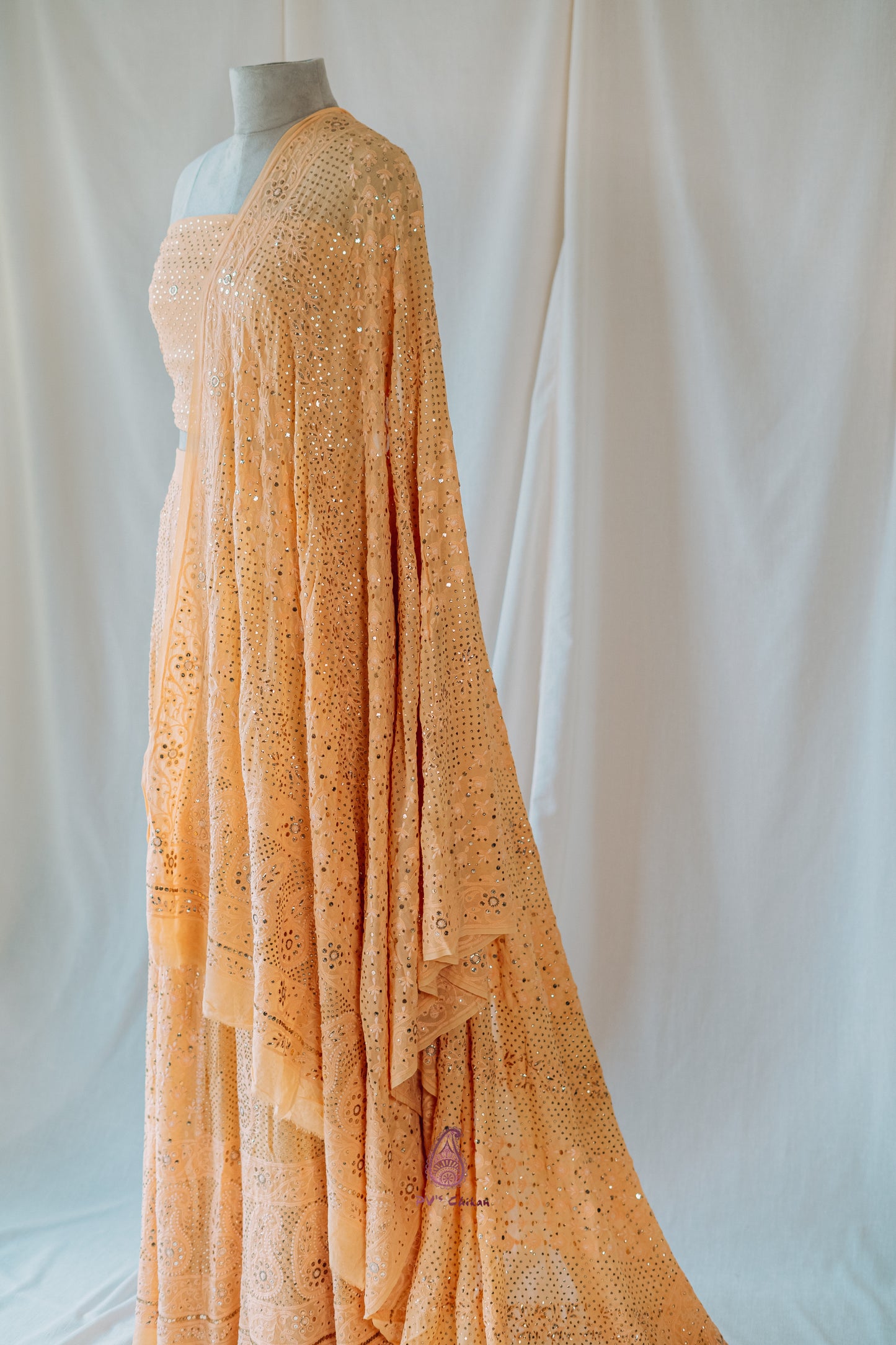 Light Orange Chikankari & Mukaish Georgette Lehenga Set
