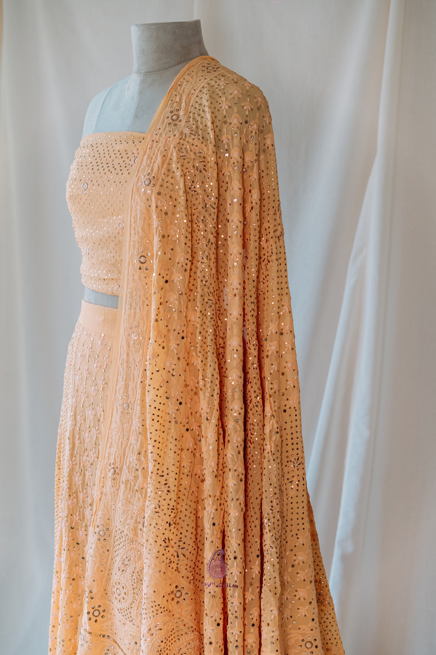 Light Orange Chikankari & Mukaish Georgette Lehenga Set