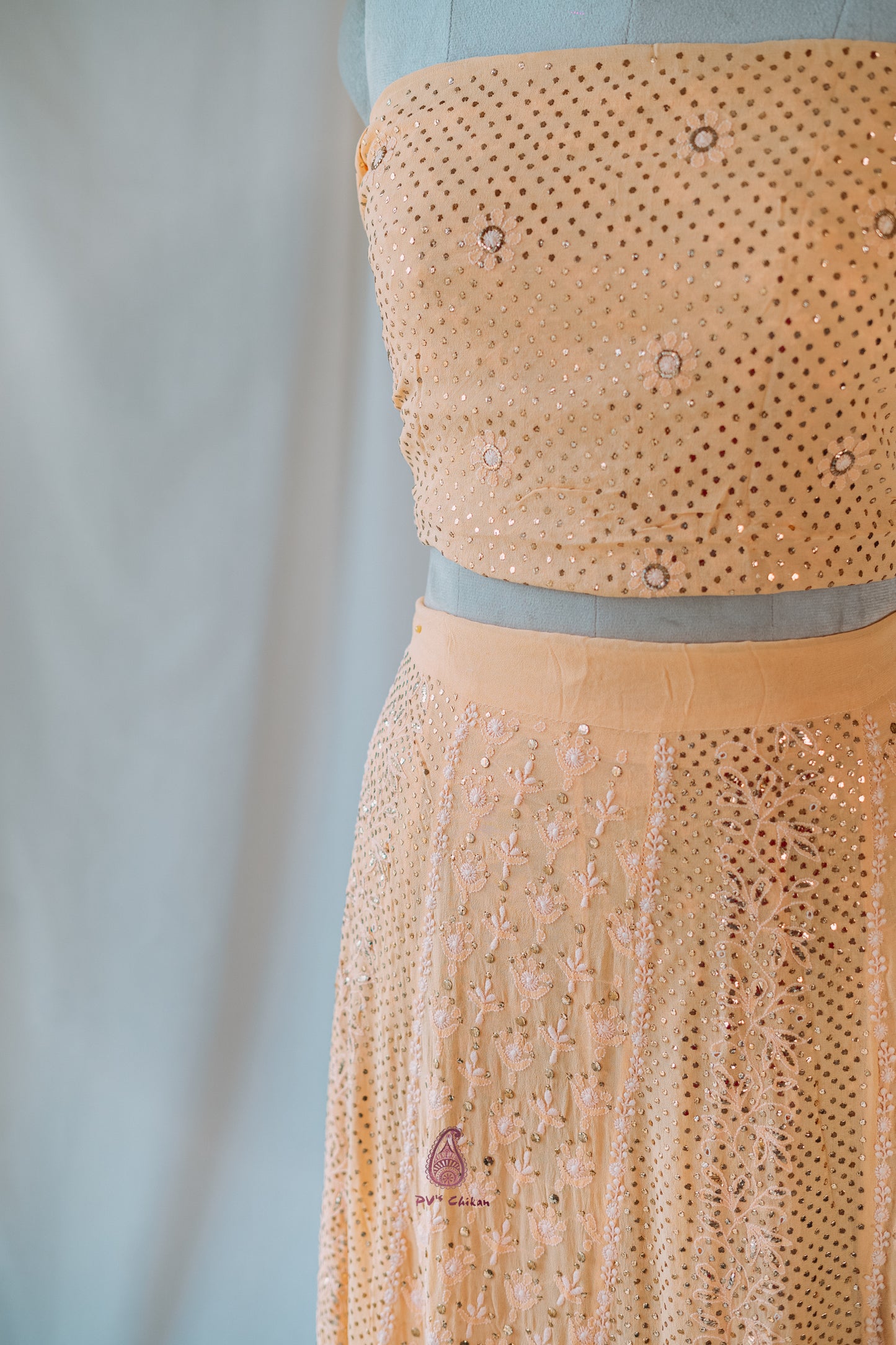 Light Orange Chikankari & Mukaish Georgette Lehenga Set