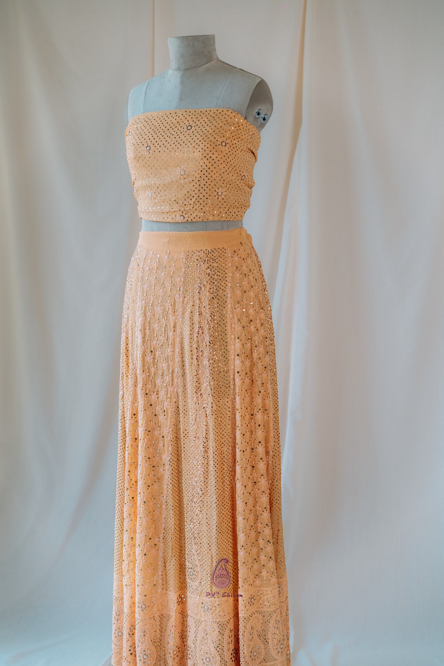 Light Orange Chikankari & Mukaish Georgette Lehenga Set