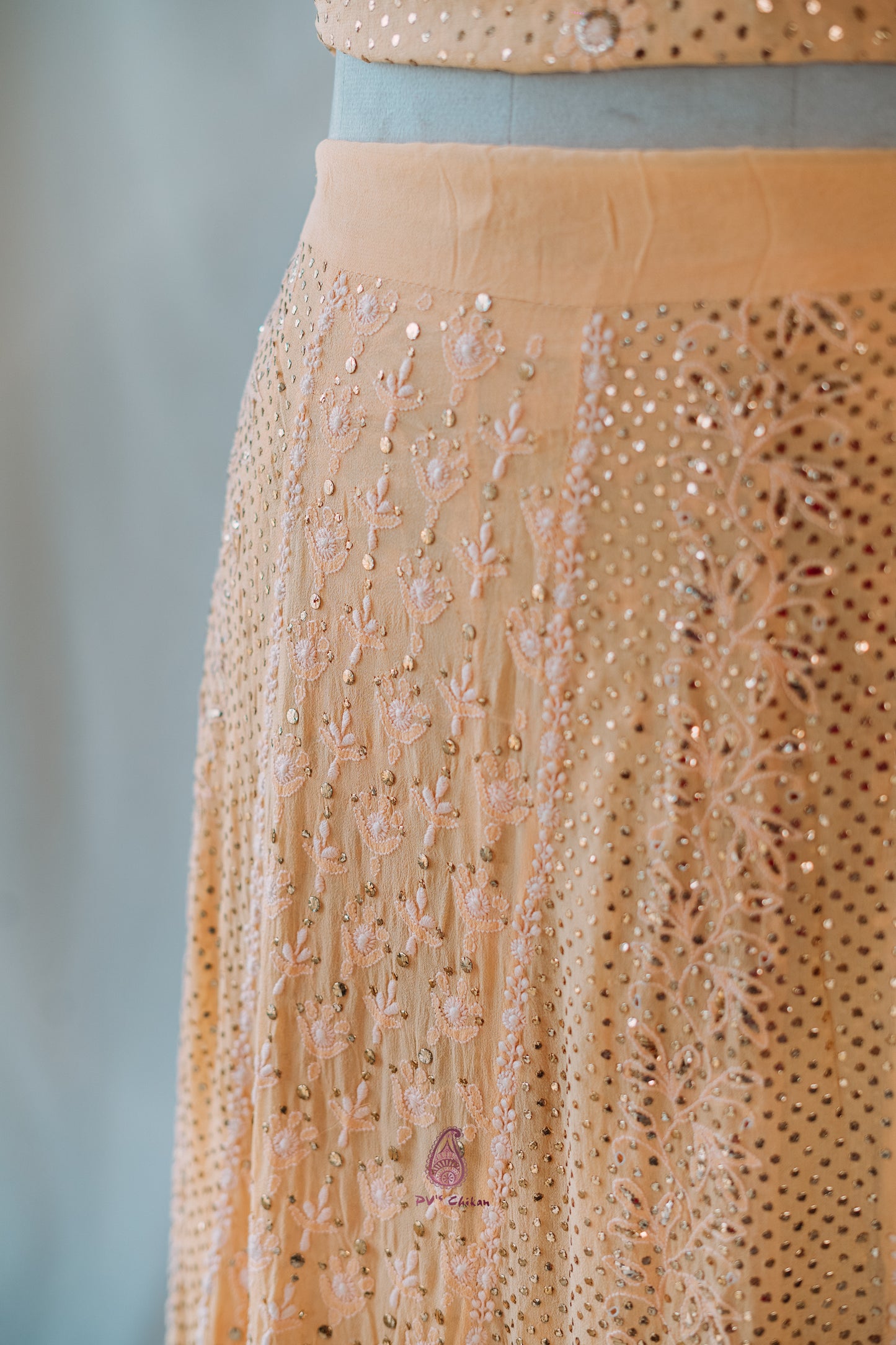 Light Orange Chikankari & Mukaish Georgette Lehenga Set