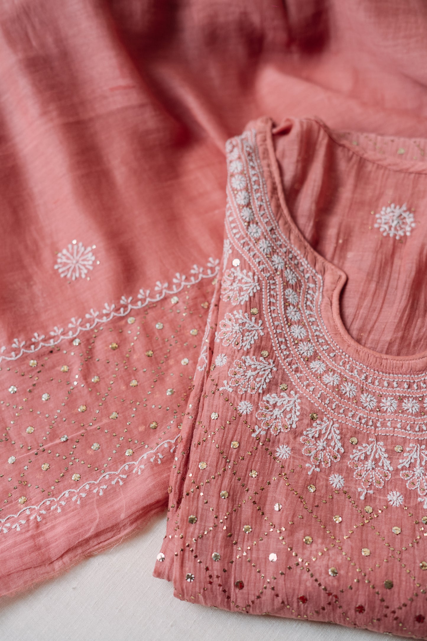 Peach Mukaish & Chikankari Suit Set