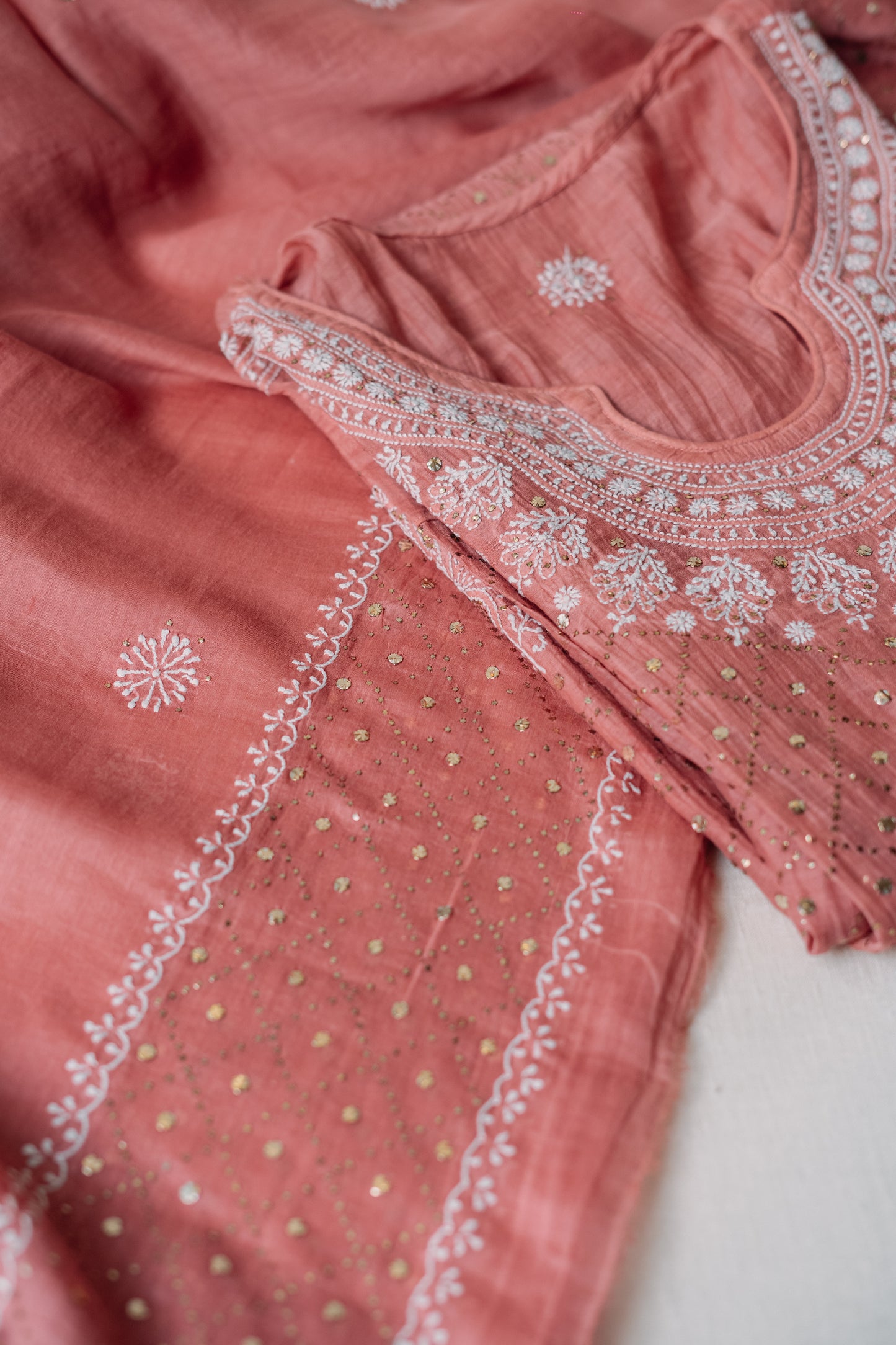 Peach Mukaish & Chikankari Suit Set