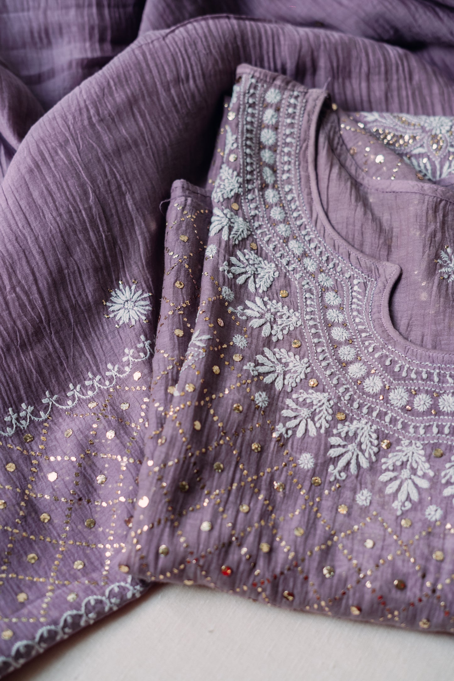 Lilac Mukaish & Chikankari Suit Set