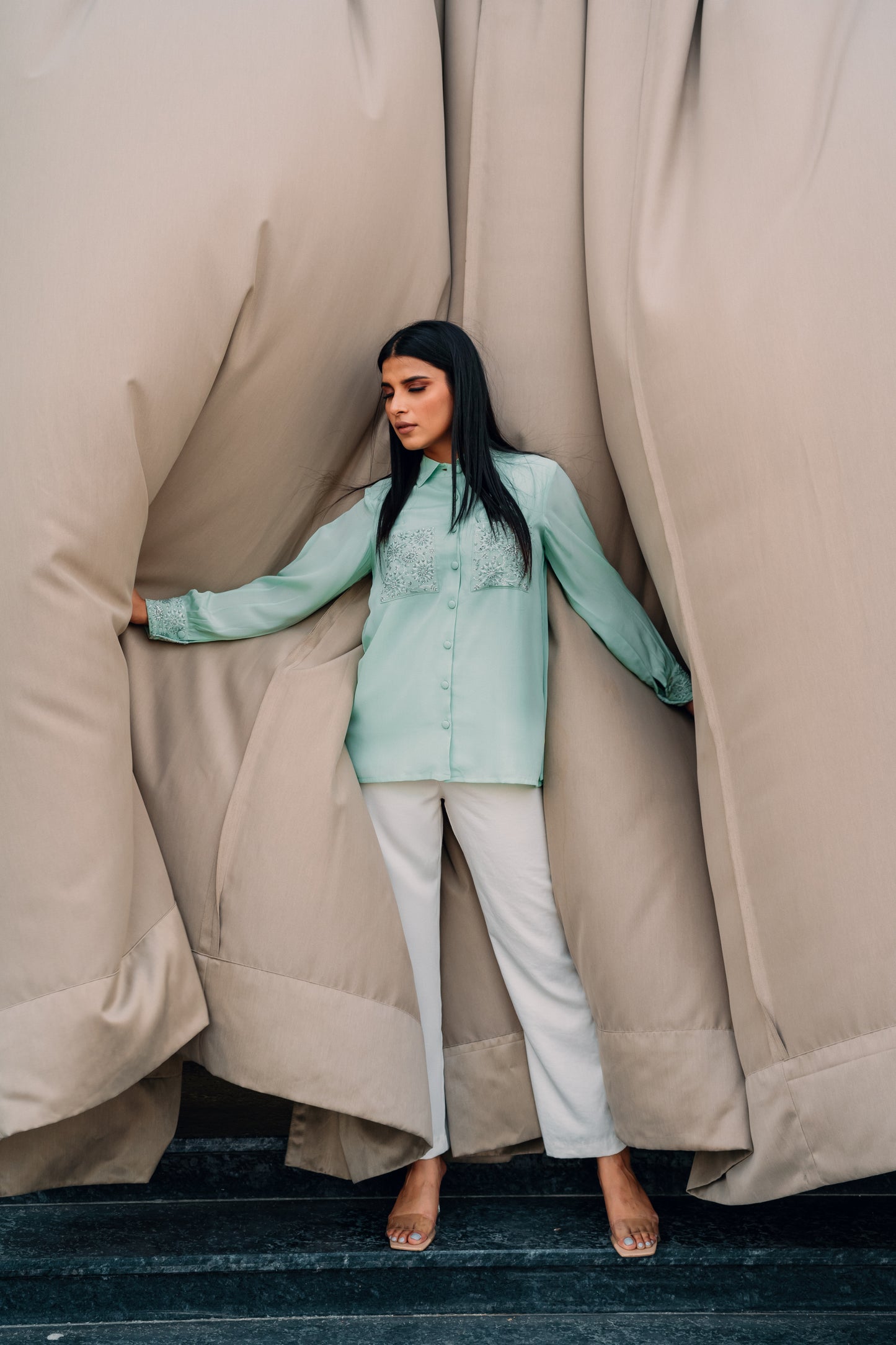 Mint Green Pure Crepe Pocket Shirt