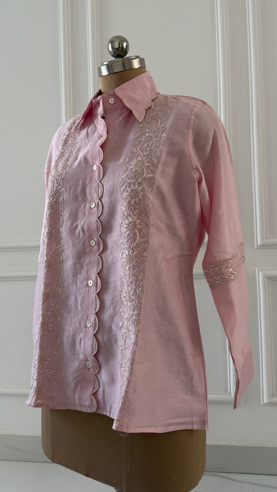 Baby Pink Scallop Collar Chikankari Shirt