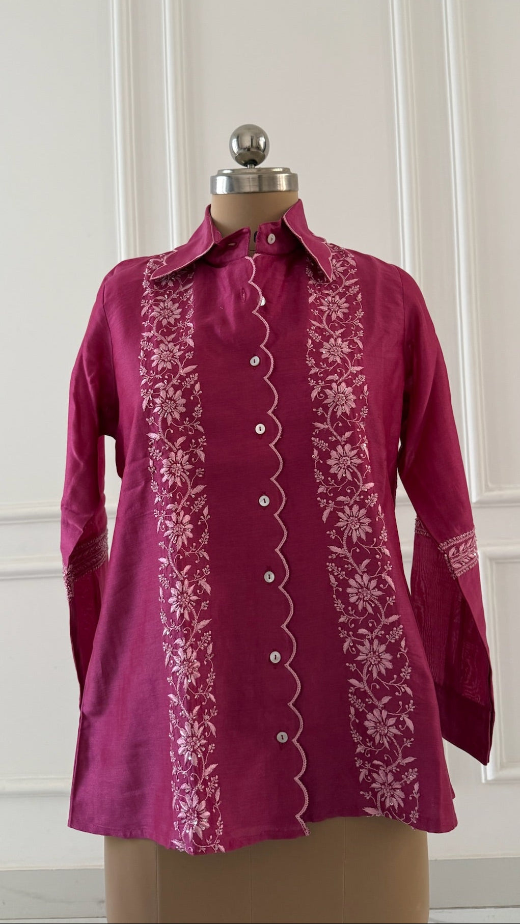 Viva Magenta Scallop Collar Chikankari Shirt
