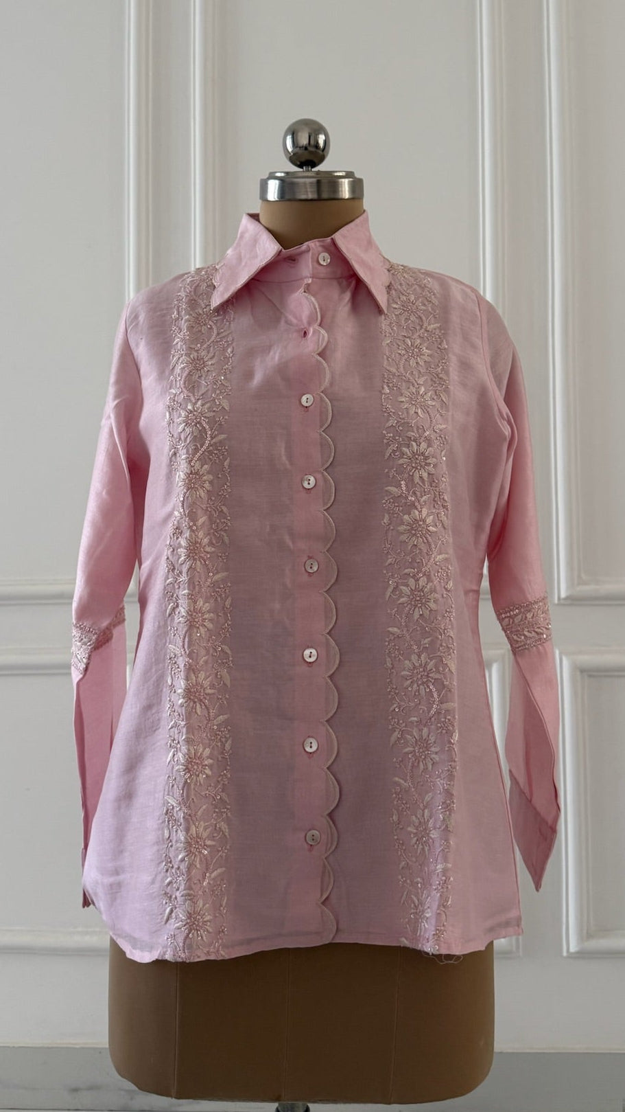 Baby Pink Scallop Collar Chikankari Shirt