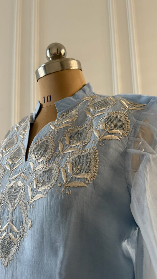 Baby Blue Organza Jaali Chikankari Top