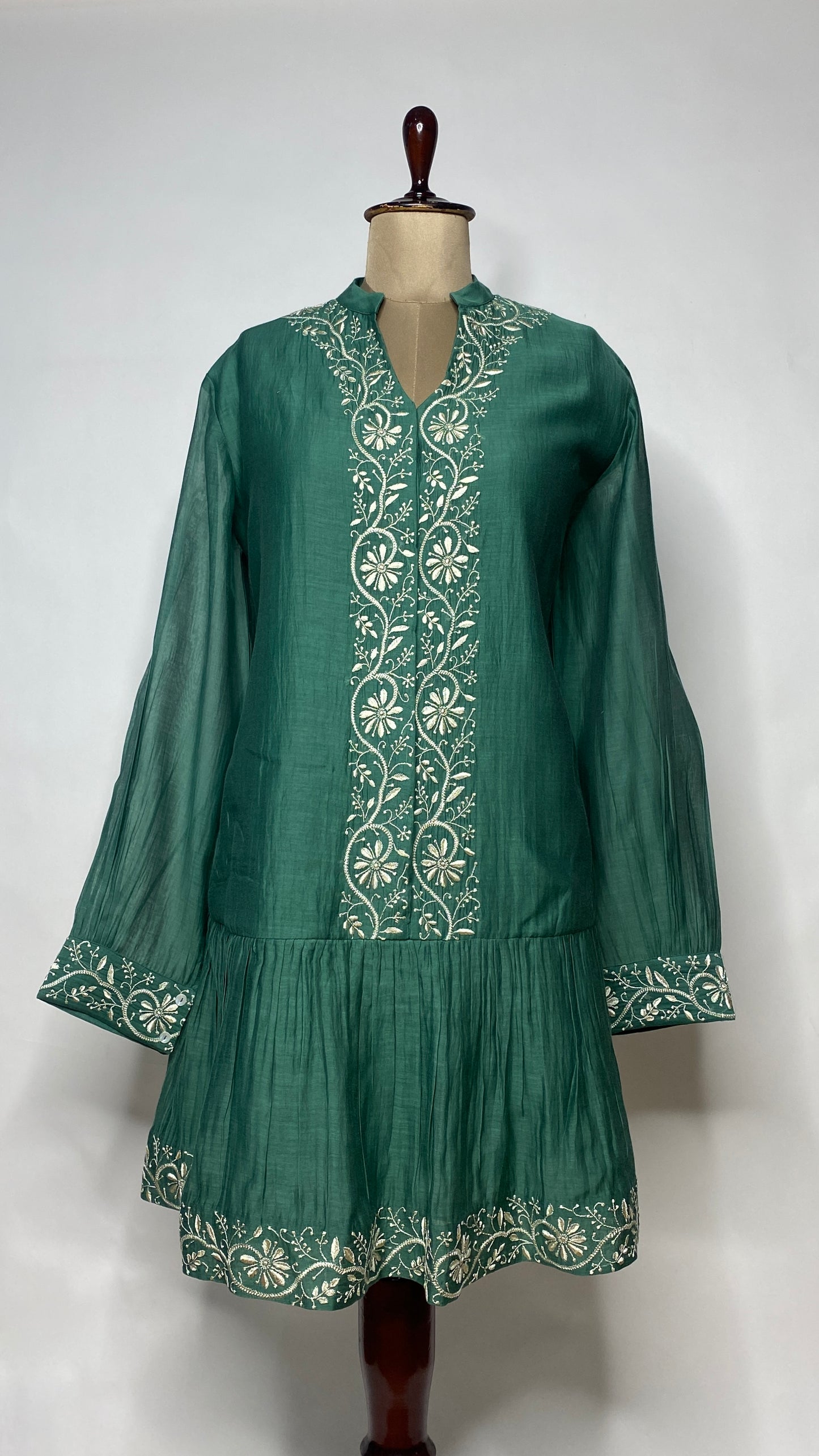 Bottle Green A-Line Chikankari Skater Dress