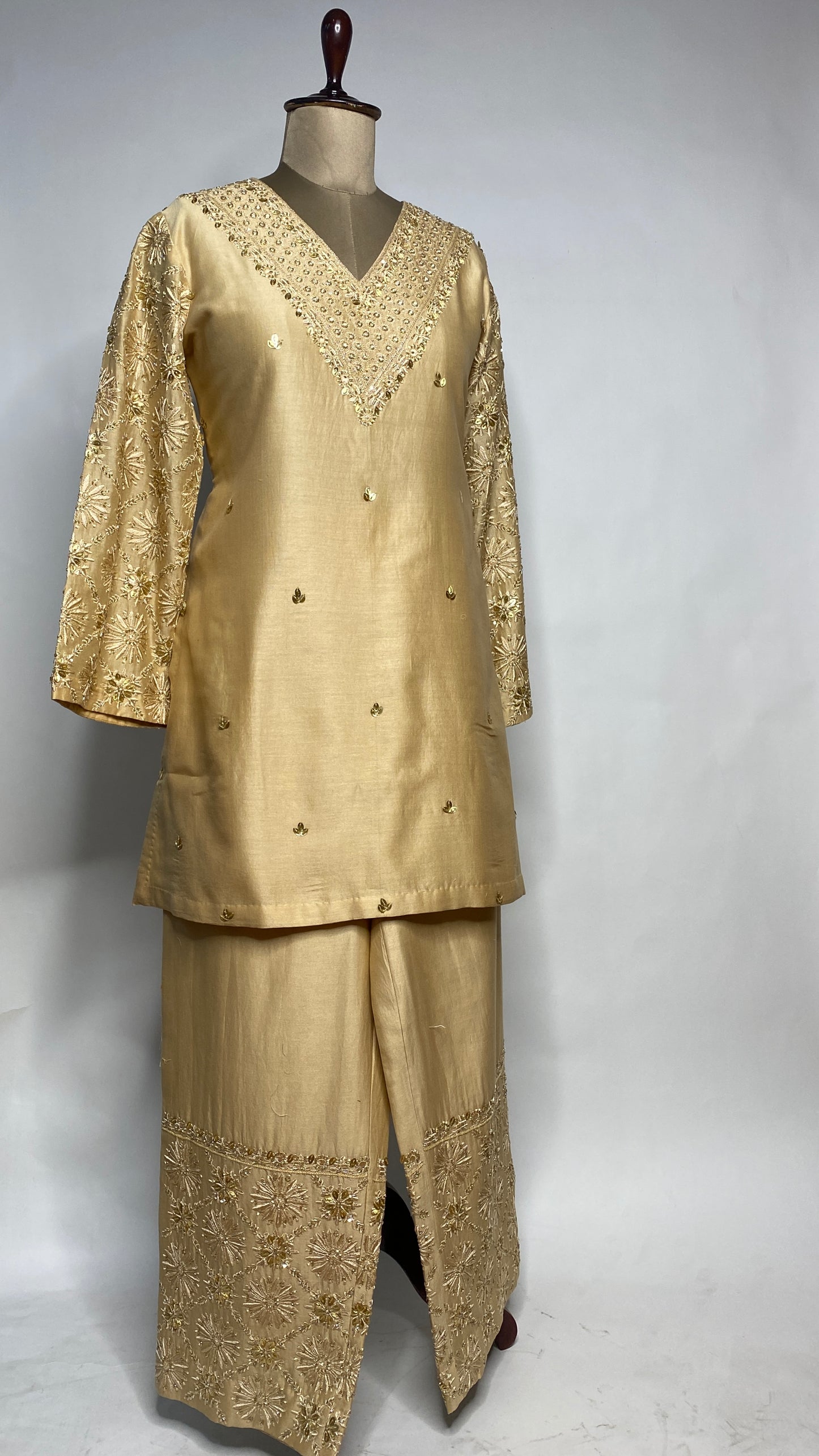 Golden Chanderi Chikankari V-neck Co-ord Set