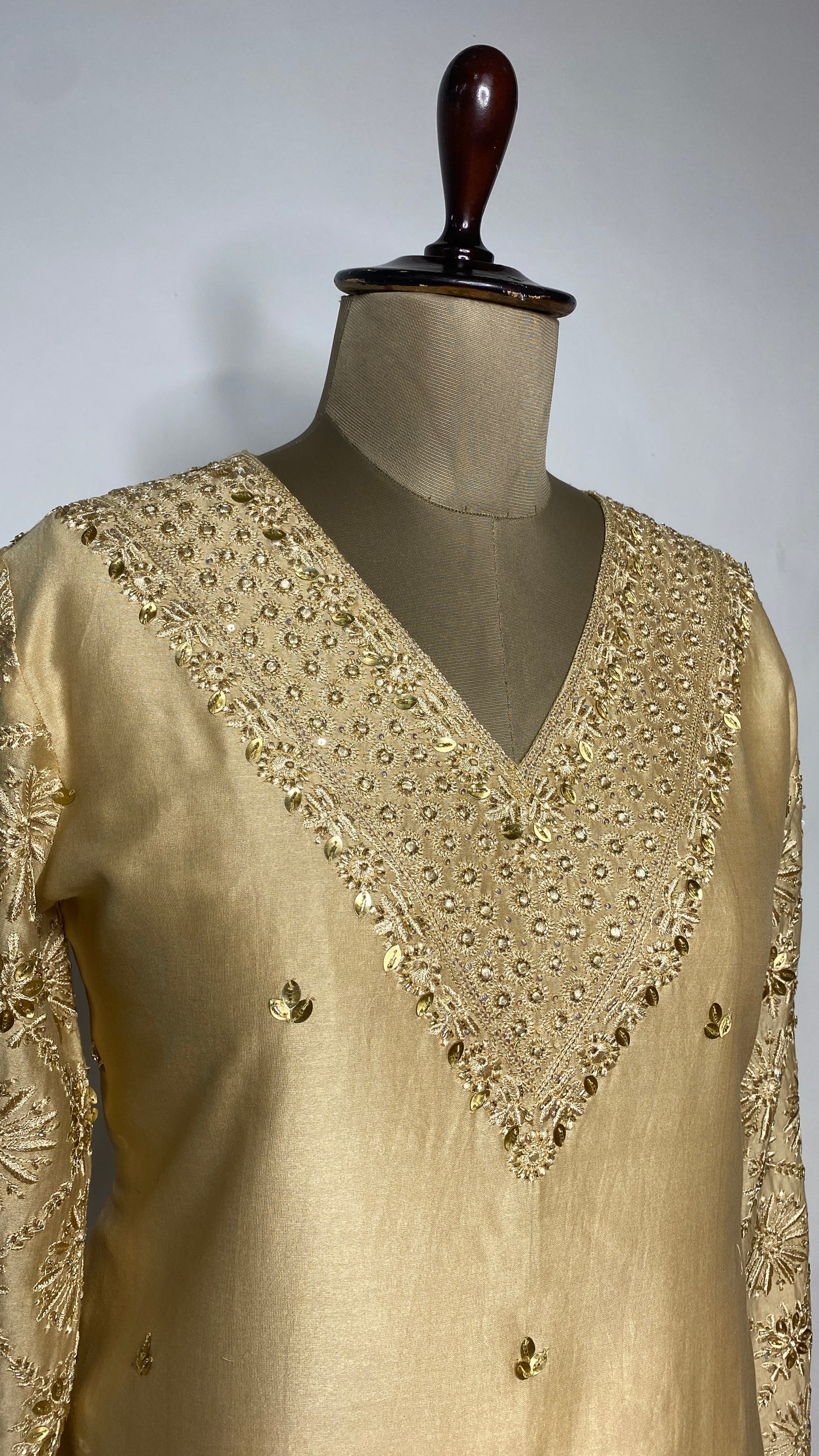Golden Chanderi Chikankari V-neck Co-ord Set