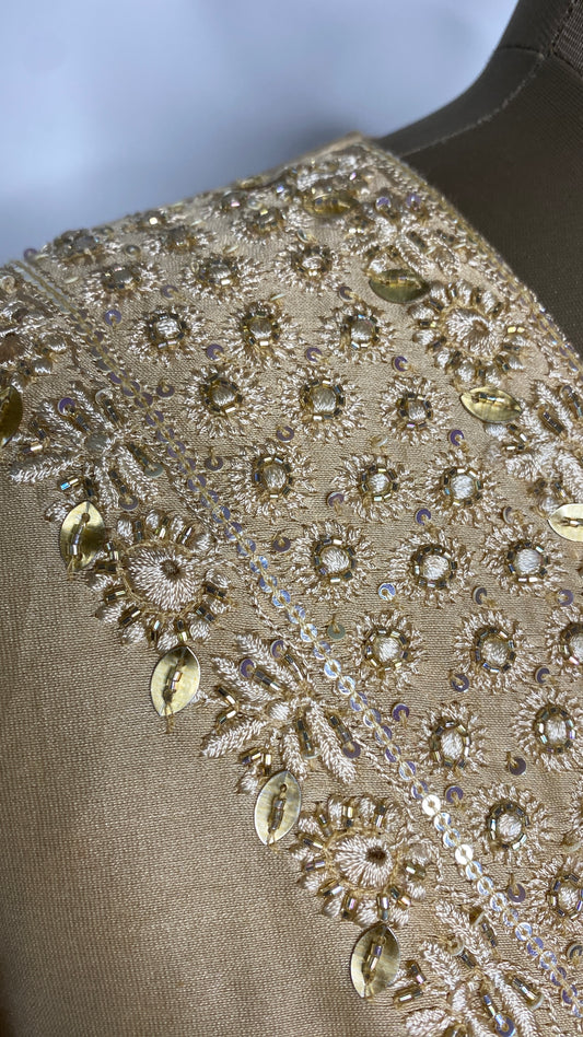 Golden Chanderi Chikankari V-neck Co-ord Set