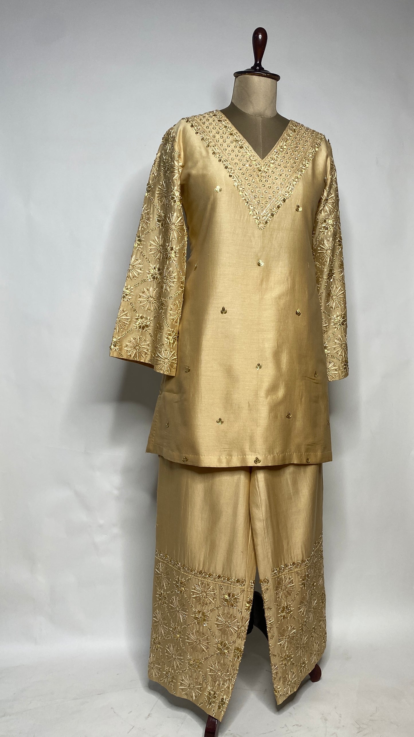Golden Chanderi Chikankari V-neck Co-ord Set