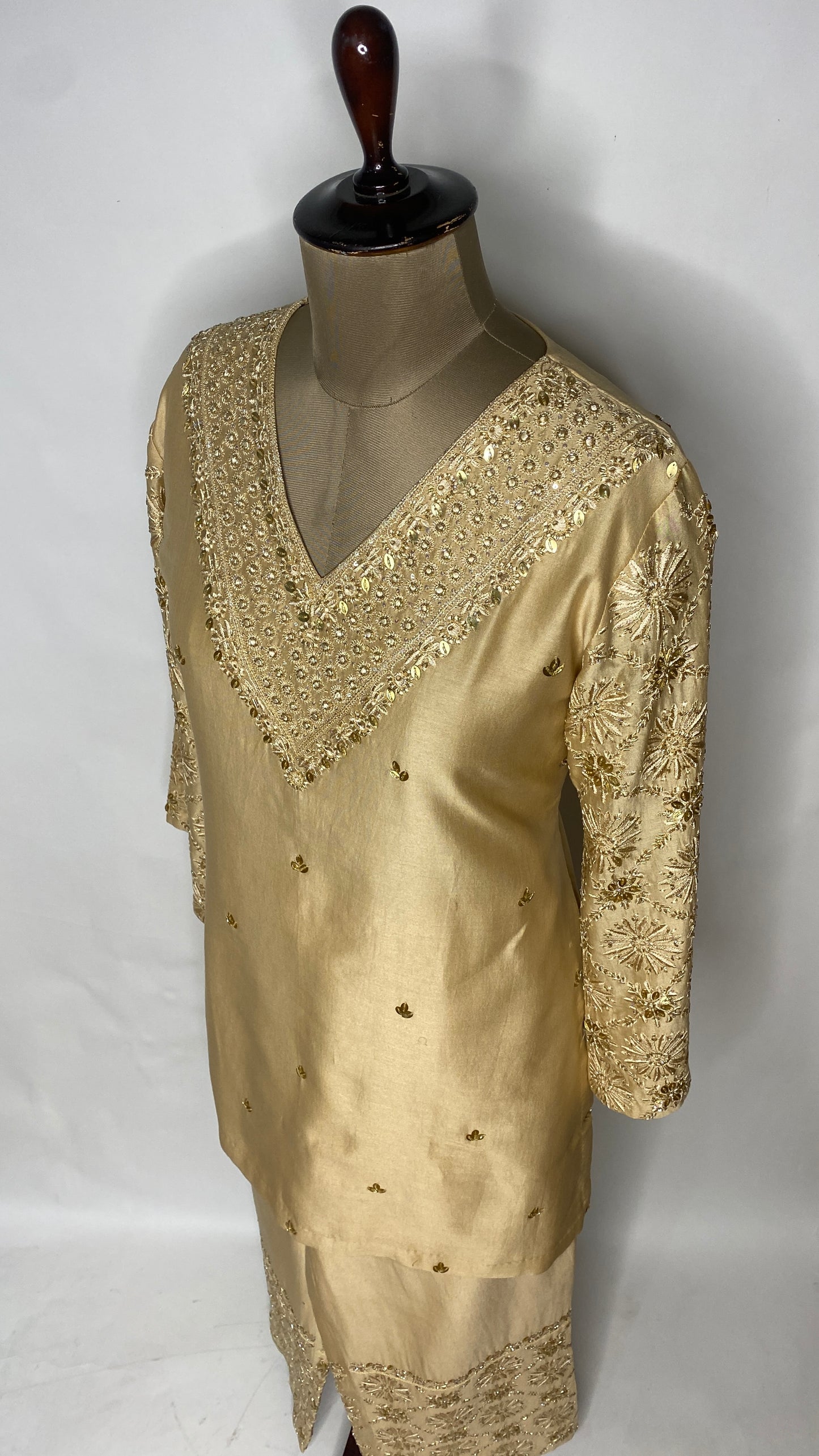 Golden Chanderi Chikankari V-neck Co-ord Set
