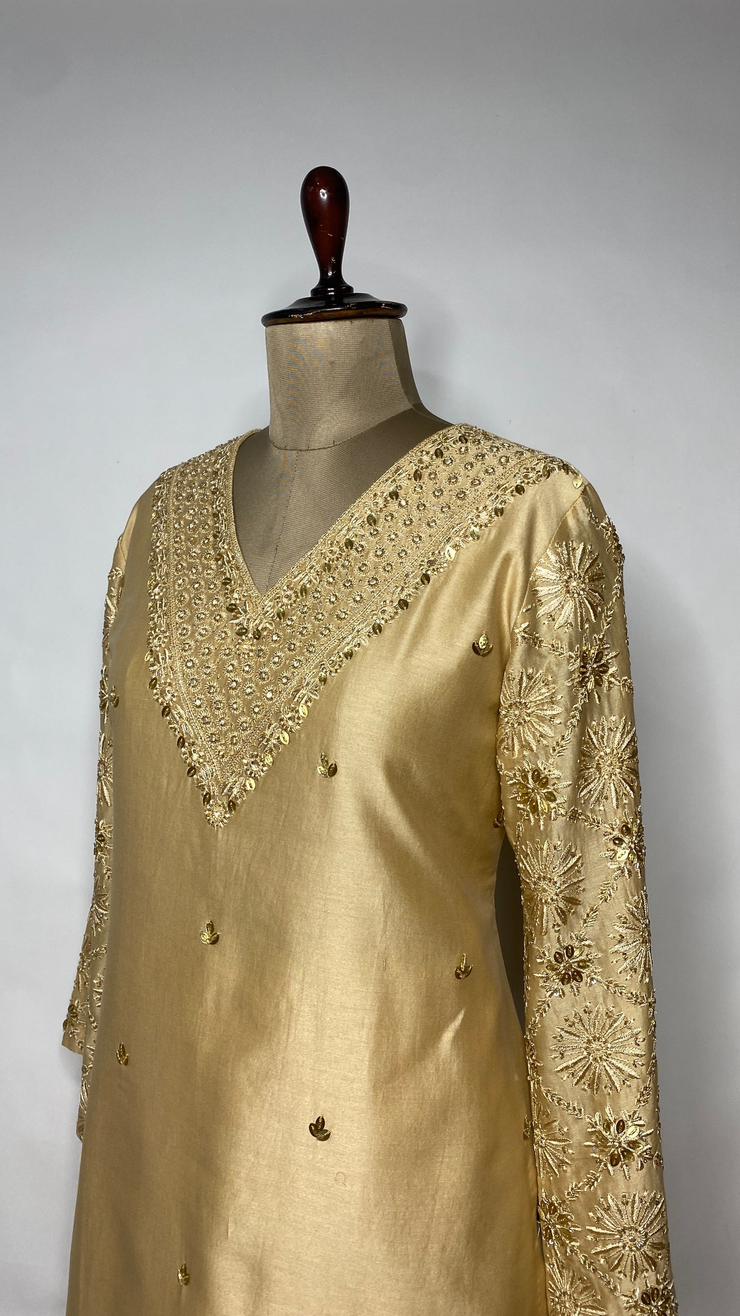 Golden Chanderi Chikankari V-neck Co-ord Set