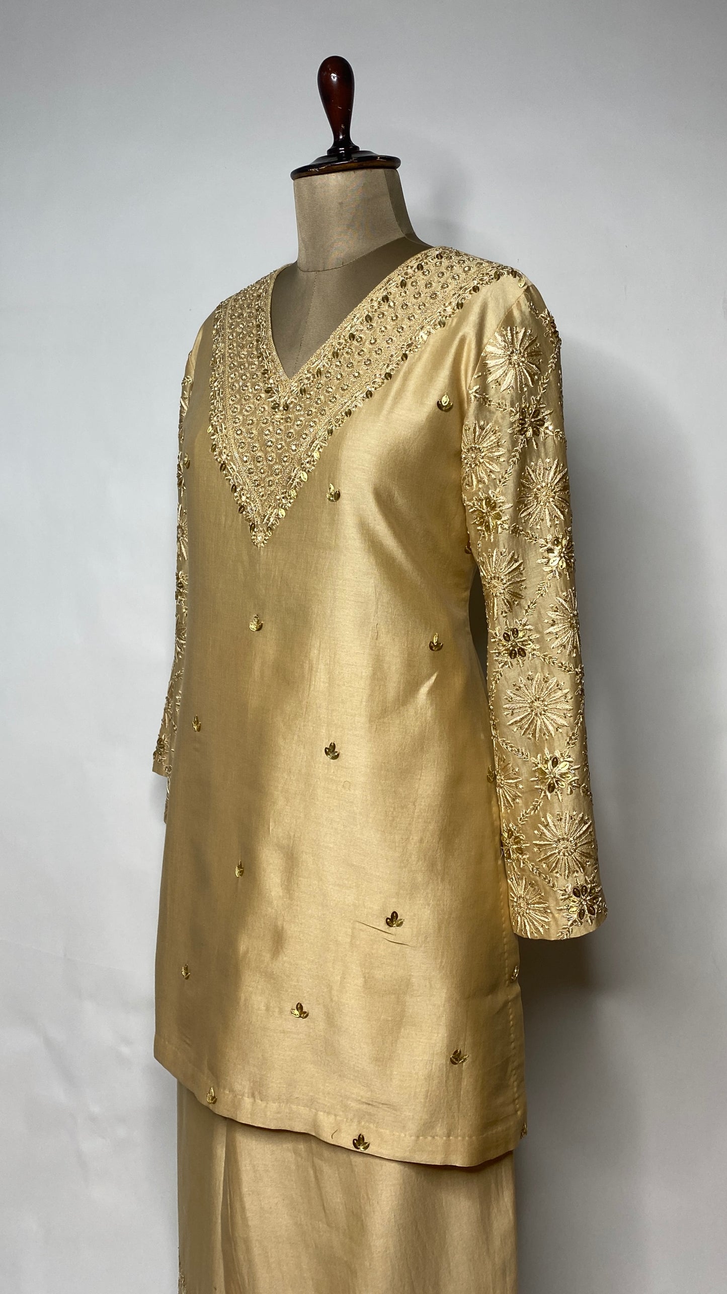 Golden Chanderi Chikankari V-neck Co-ord Set