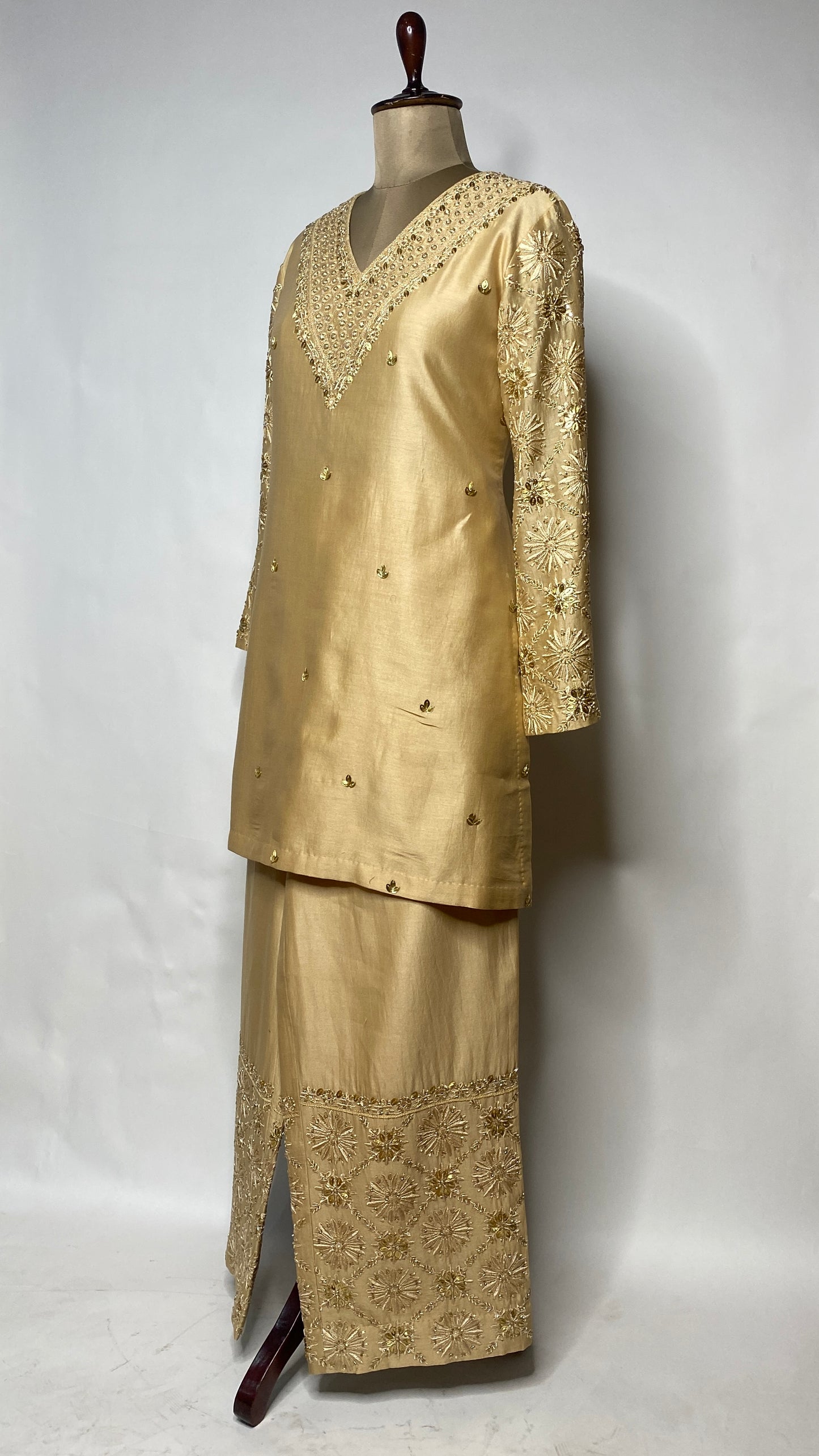Golden Chanderi Chikankari V-neck Co-ord Set