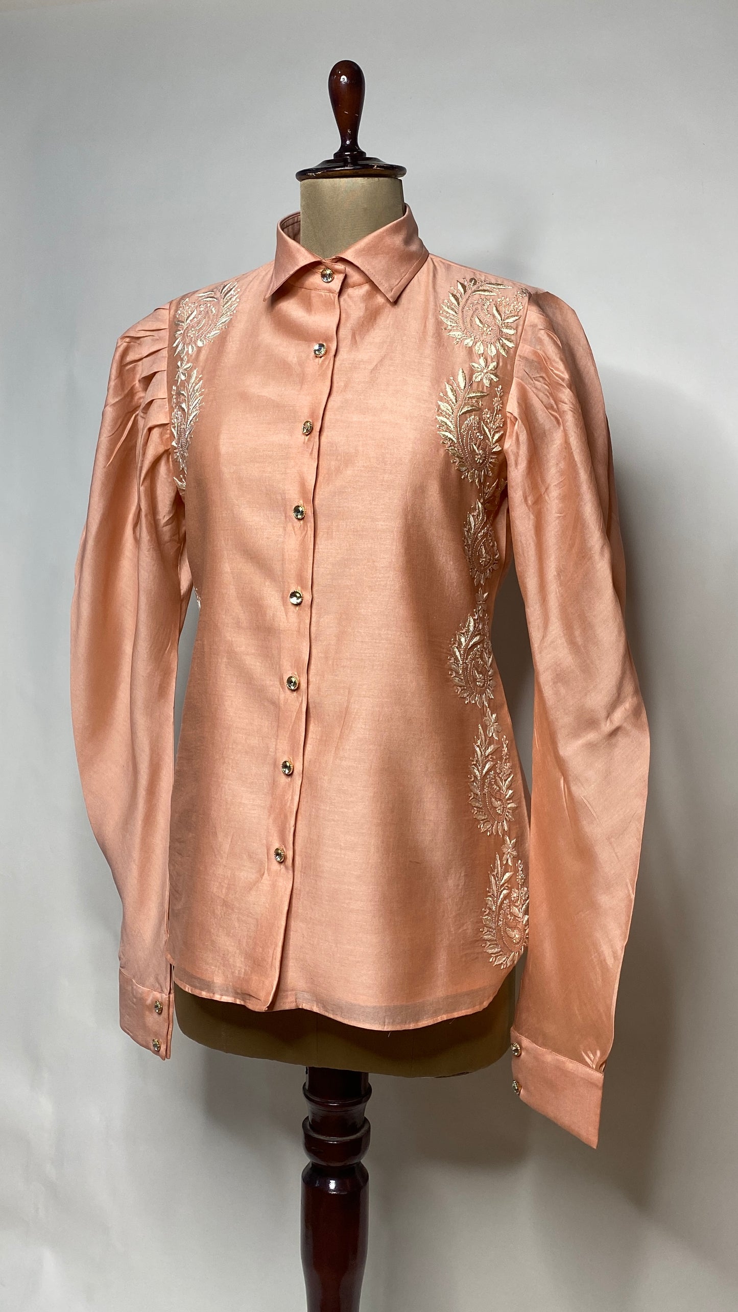 Peach Leg O Mutton Sleeve Chikankari Shirt