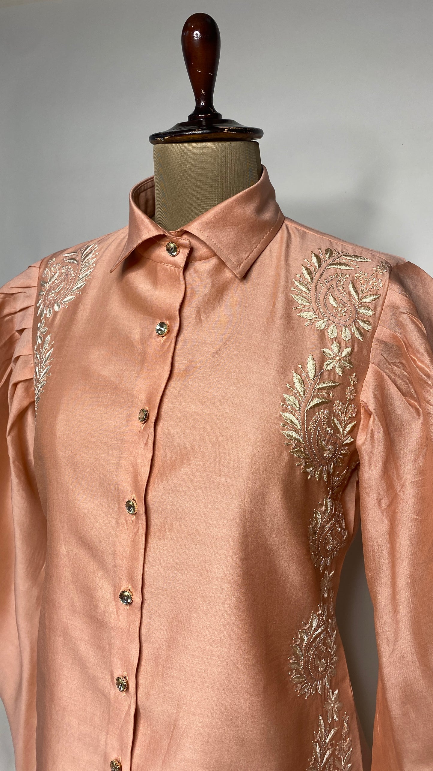 Peach Leg O Mutton Sleeve Chikankari Shirt