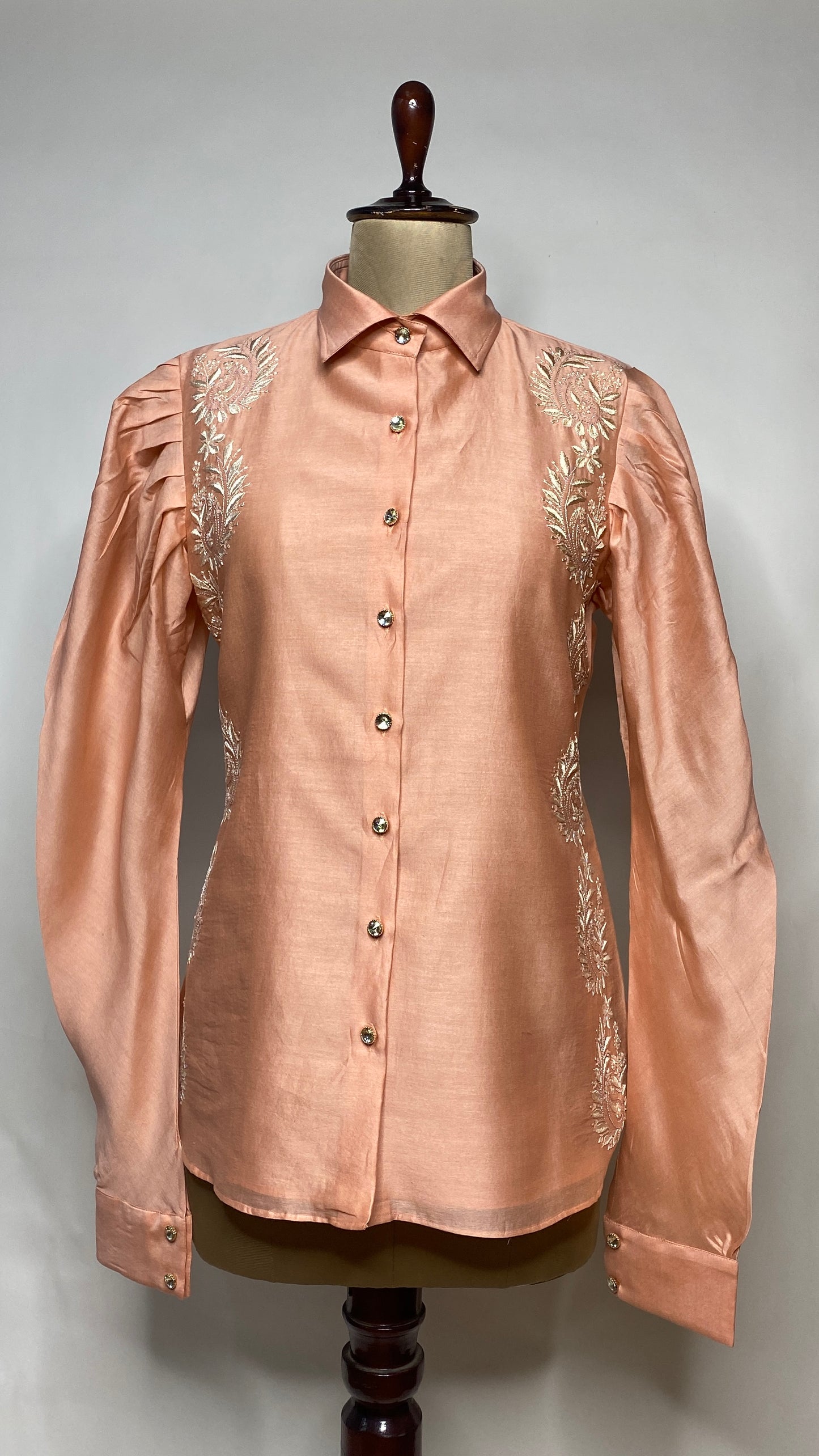 Peach Leg O Mutton Sleeve Chikankari Shirt