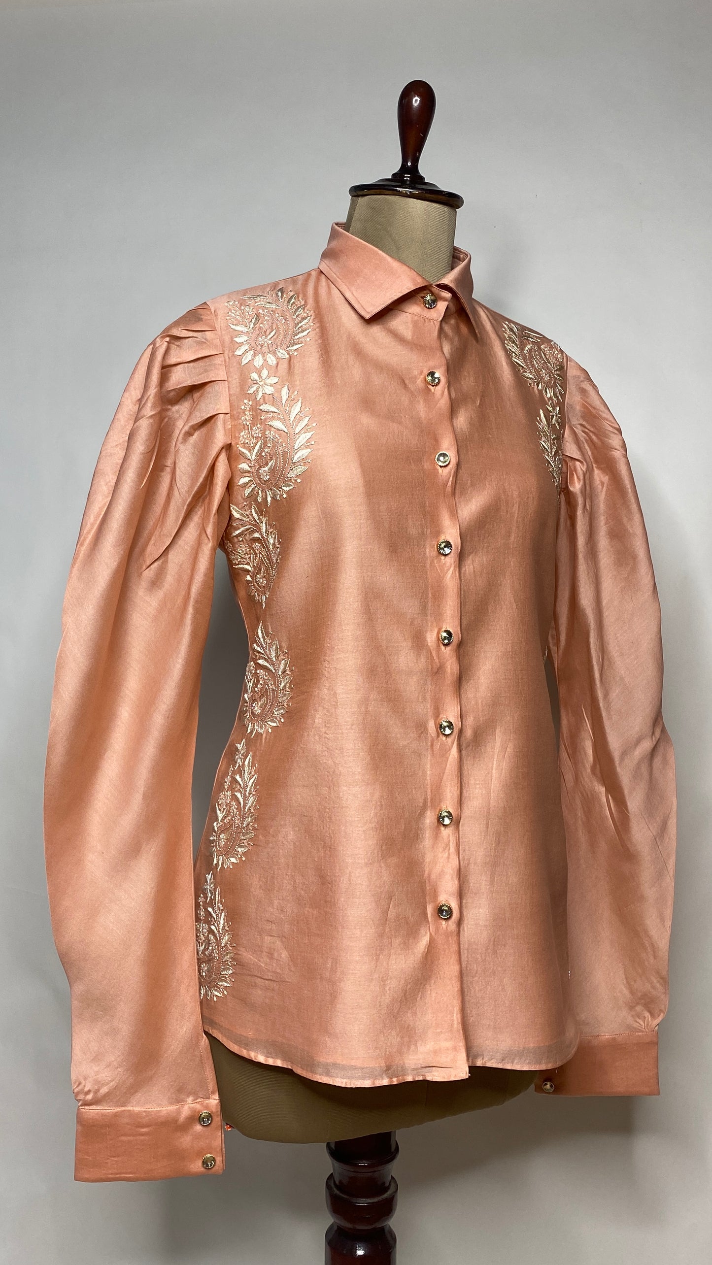 Peach Leg O Mutton Sleeve Chikankari Shirt