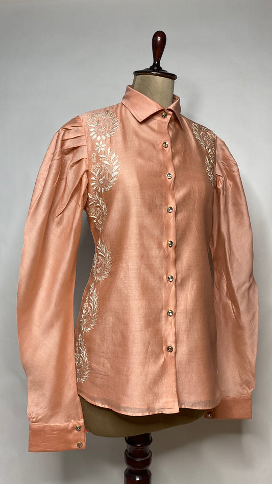 Peach Leg O Mutton Sleeve Chikankari Shirt