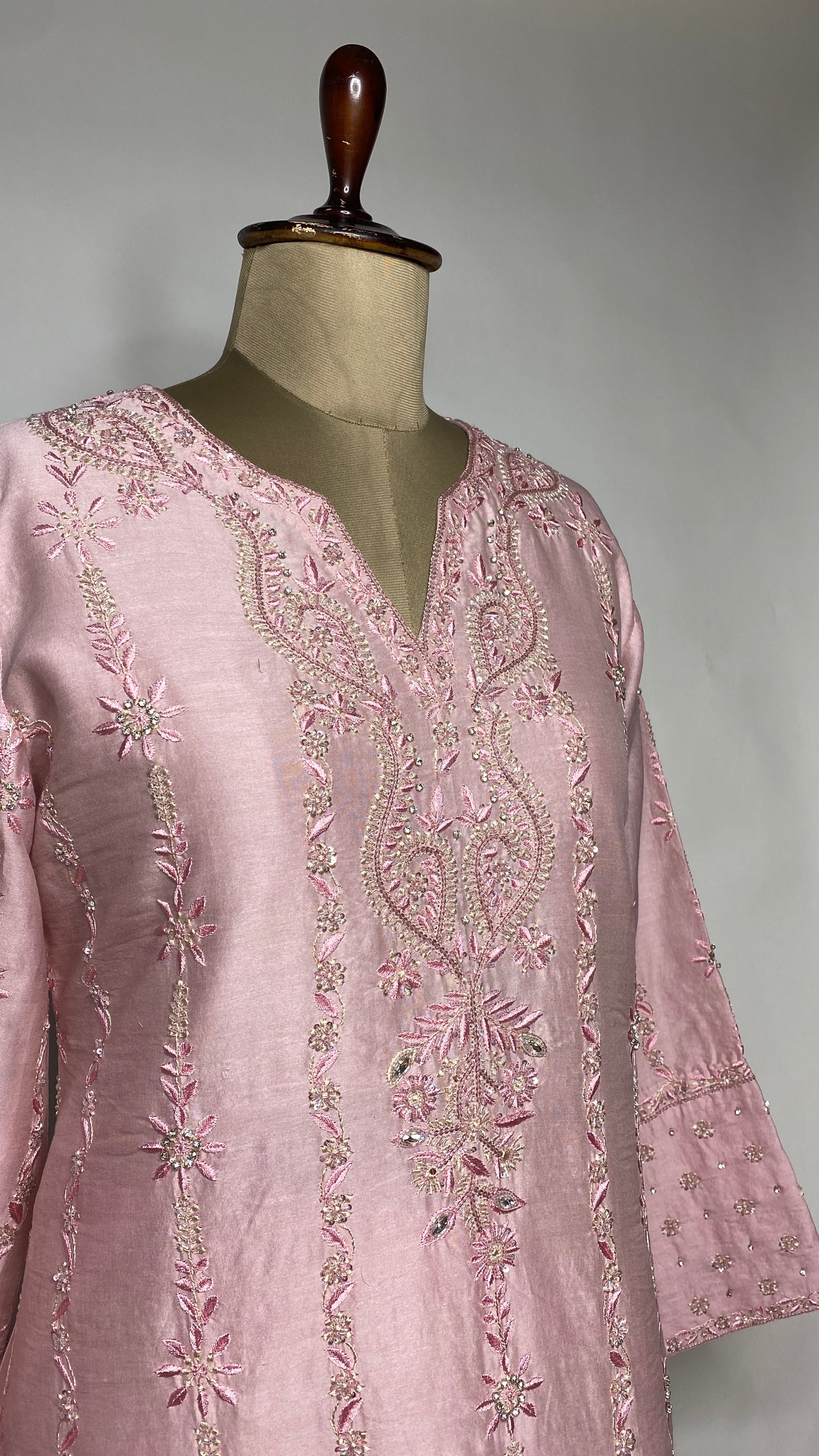 Light Pink Chanderi Chikankari & Stonework Kurta Set