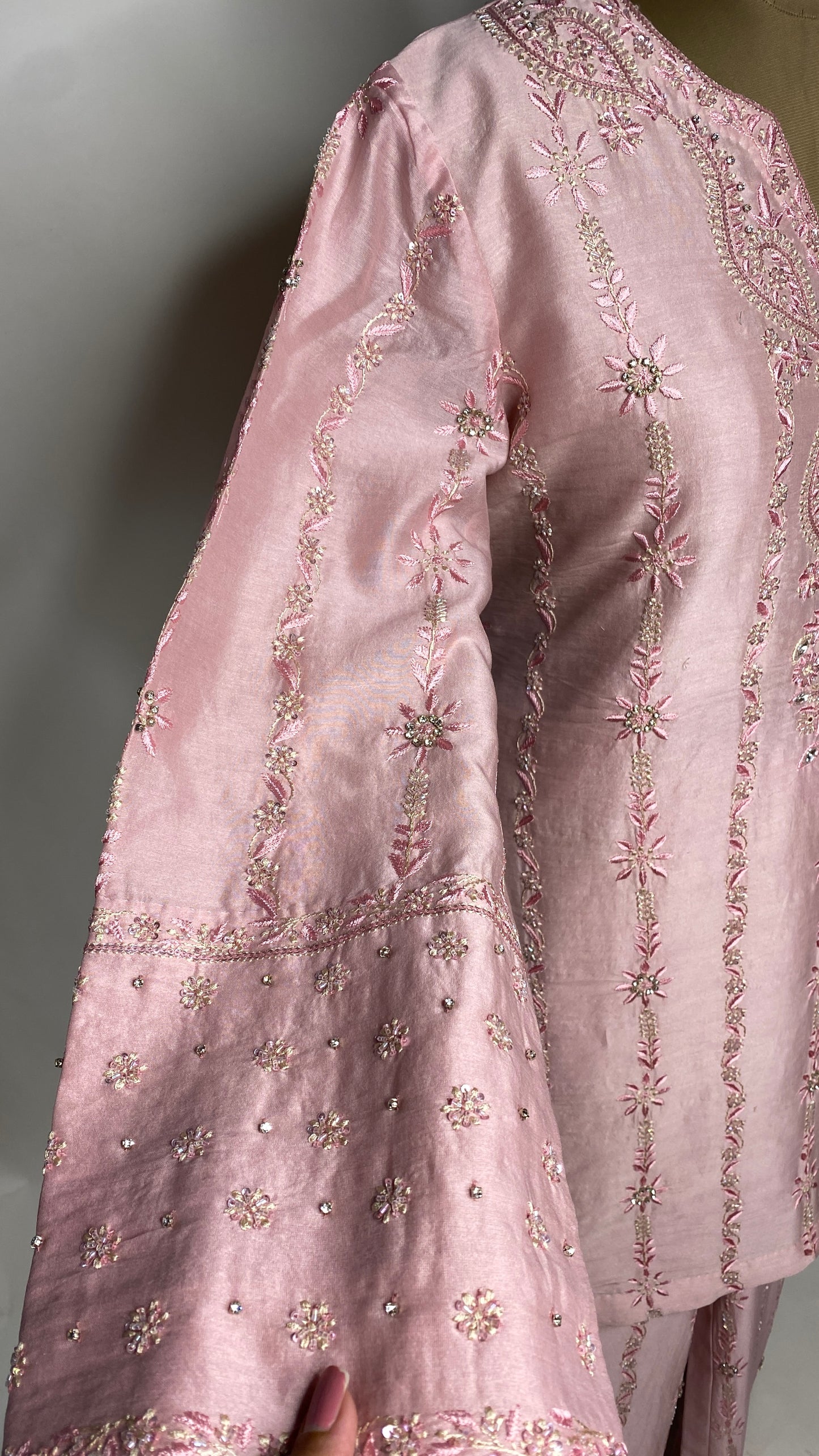 Light Pink Chanderi Chikankari & Stonework Kurta Set