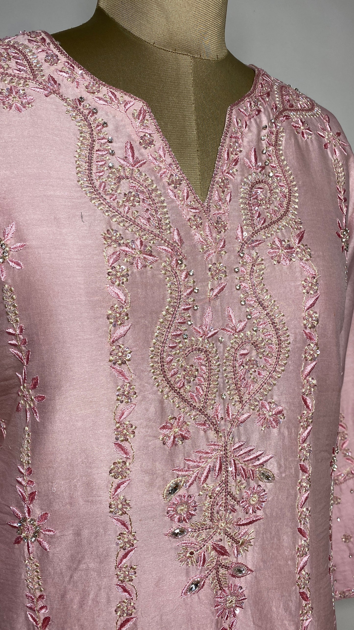 Light Pink Chanderi Chikankari & Stonework Kurta Set