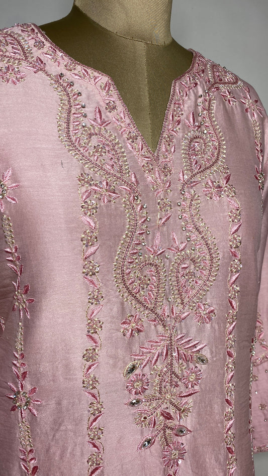 Light Pink Chanderi Chikankari & Stonework Kurta Set