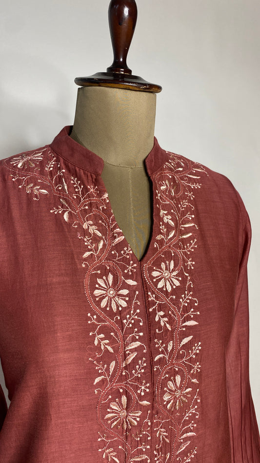Rust Maroon A-Line Chikankari Skater Dress