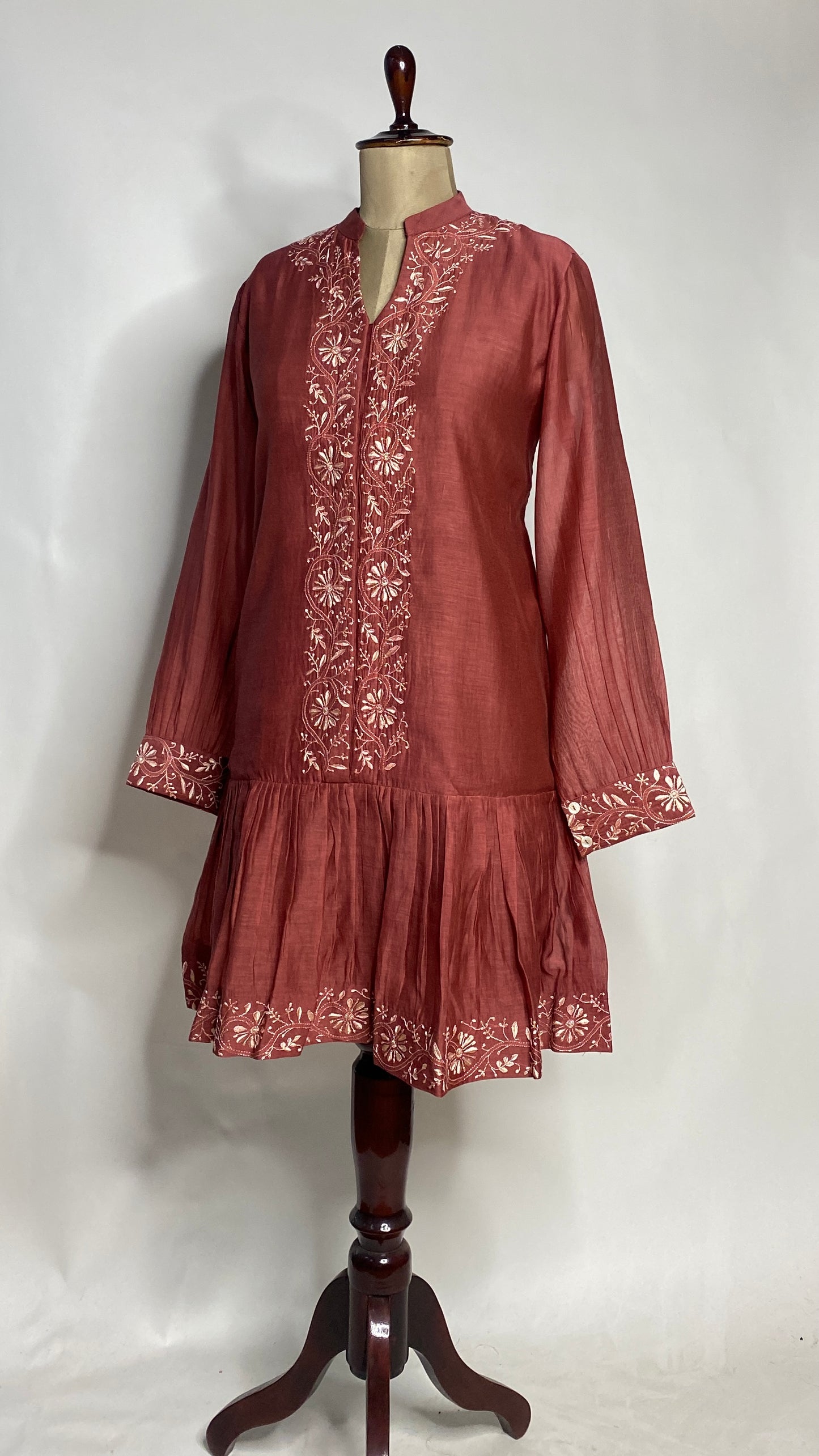 Rust Maroon A-Line Chikankari Skater Dress