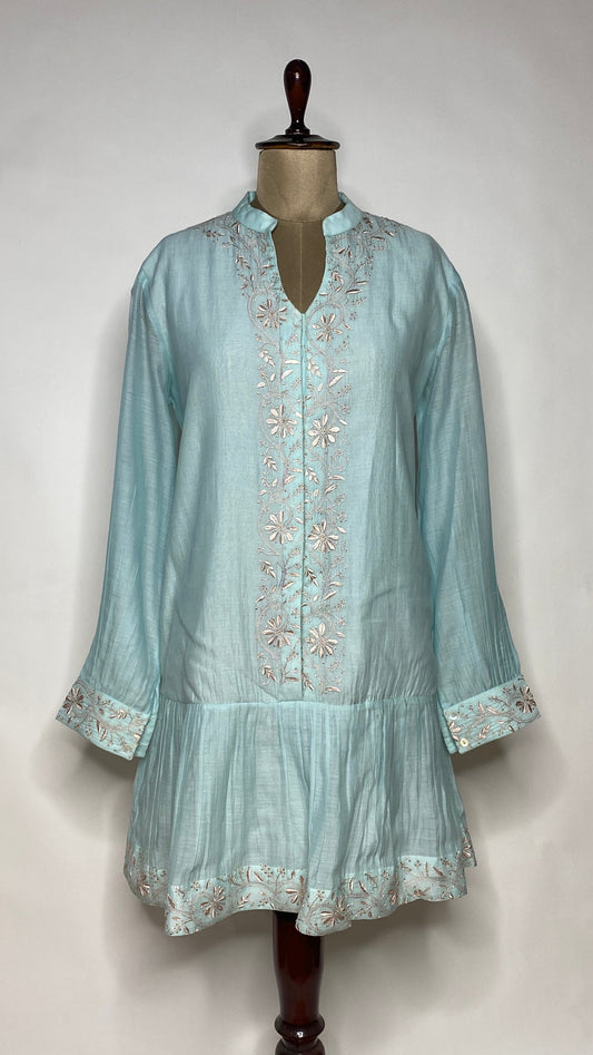 Aqua Blue A-Line Chikankari Skater Dress