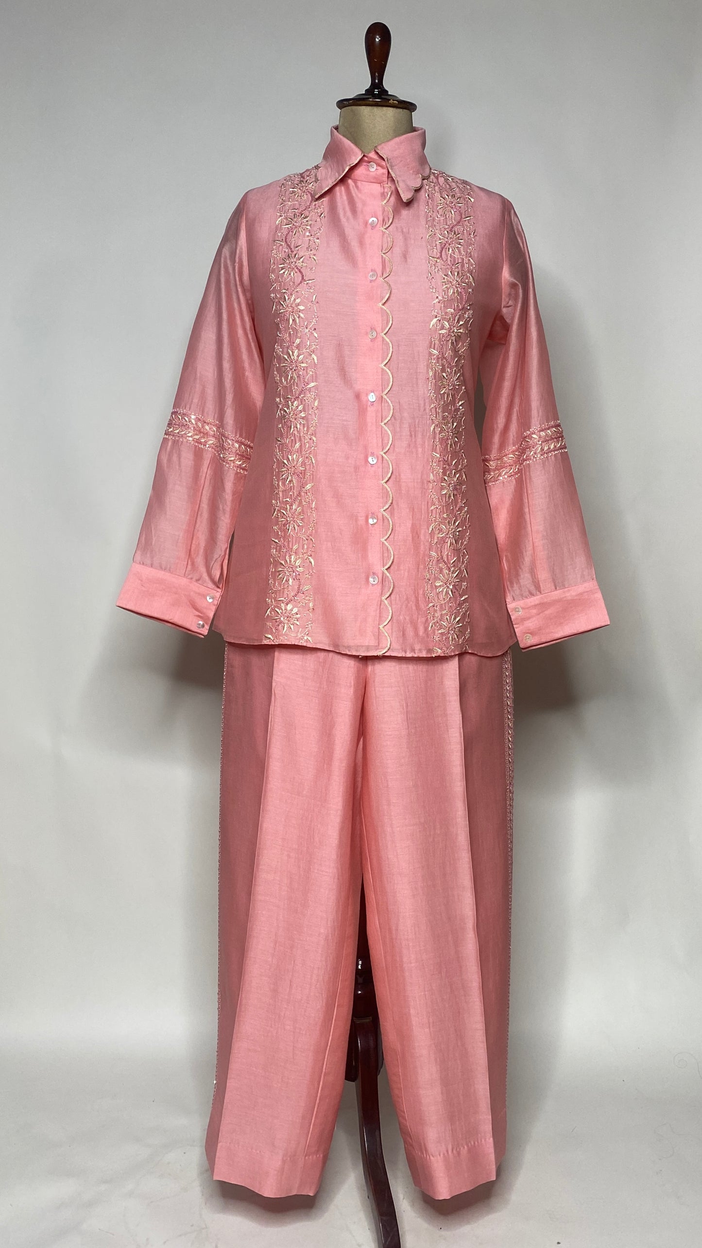 Salmon Pink Scallop Detail Chikankari Shirt & Pant Set
