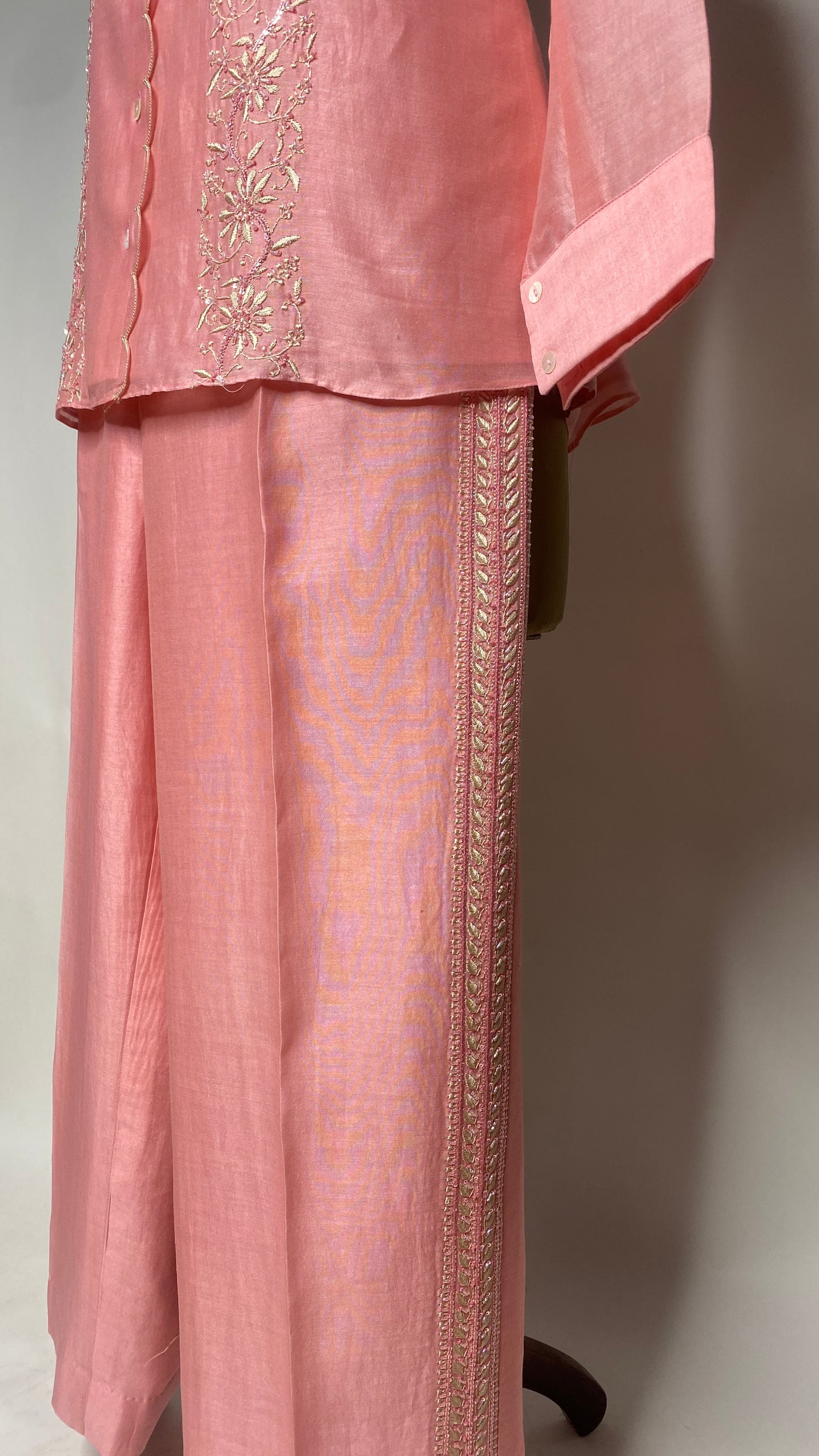 Salmon Pink Scallop Detail Chikankari Shirt & Pant Set