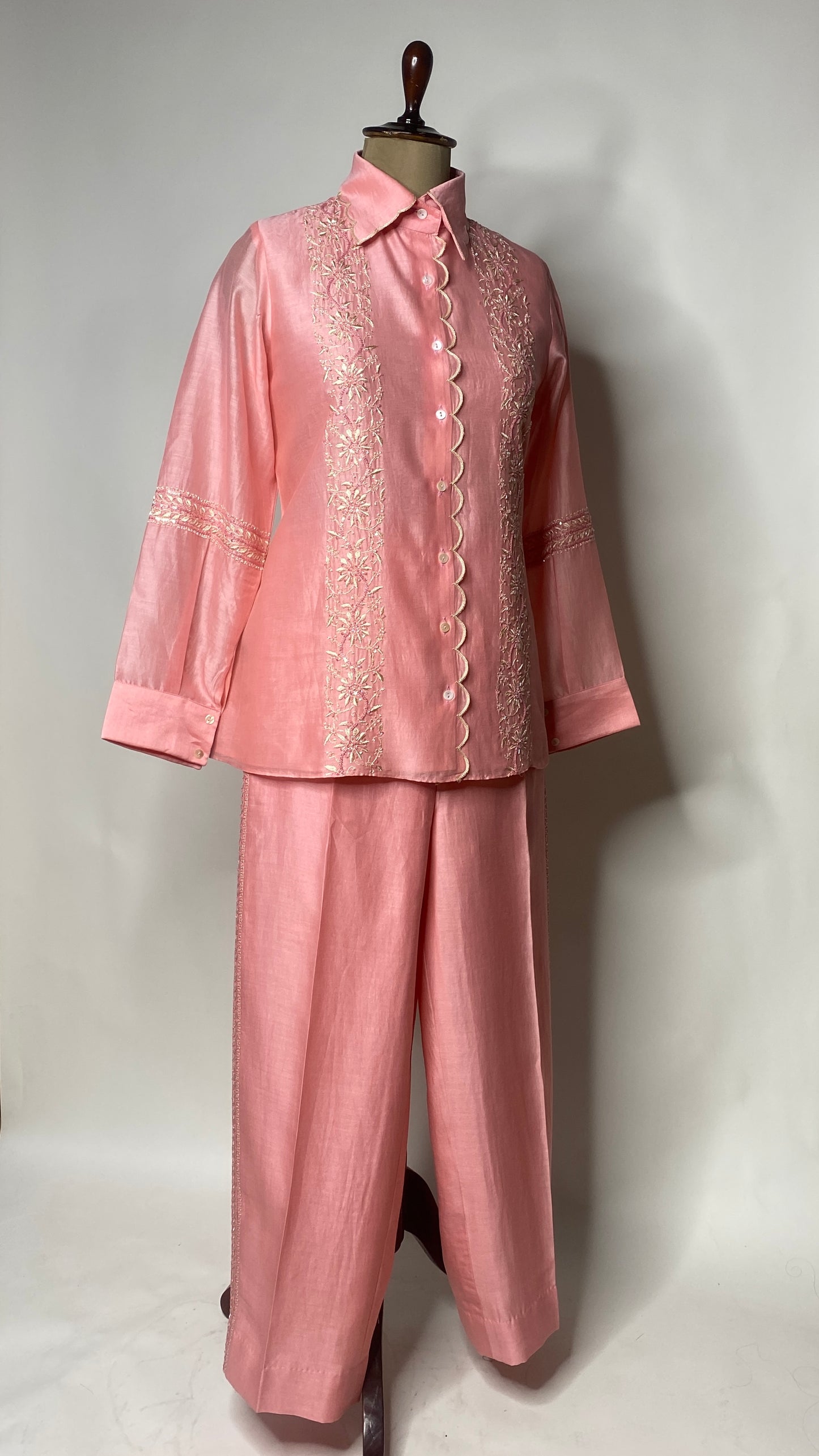 Salmon Pink Scallop Detail Chikankari Shirt & Pant Set