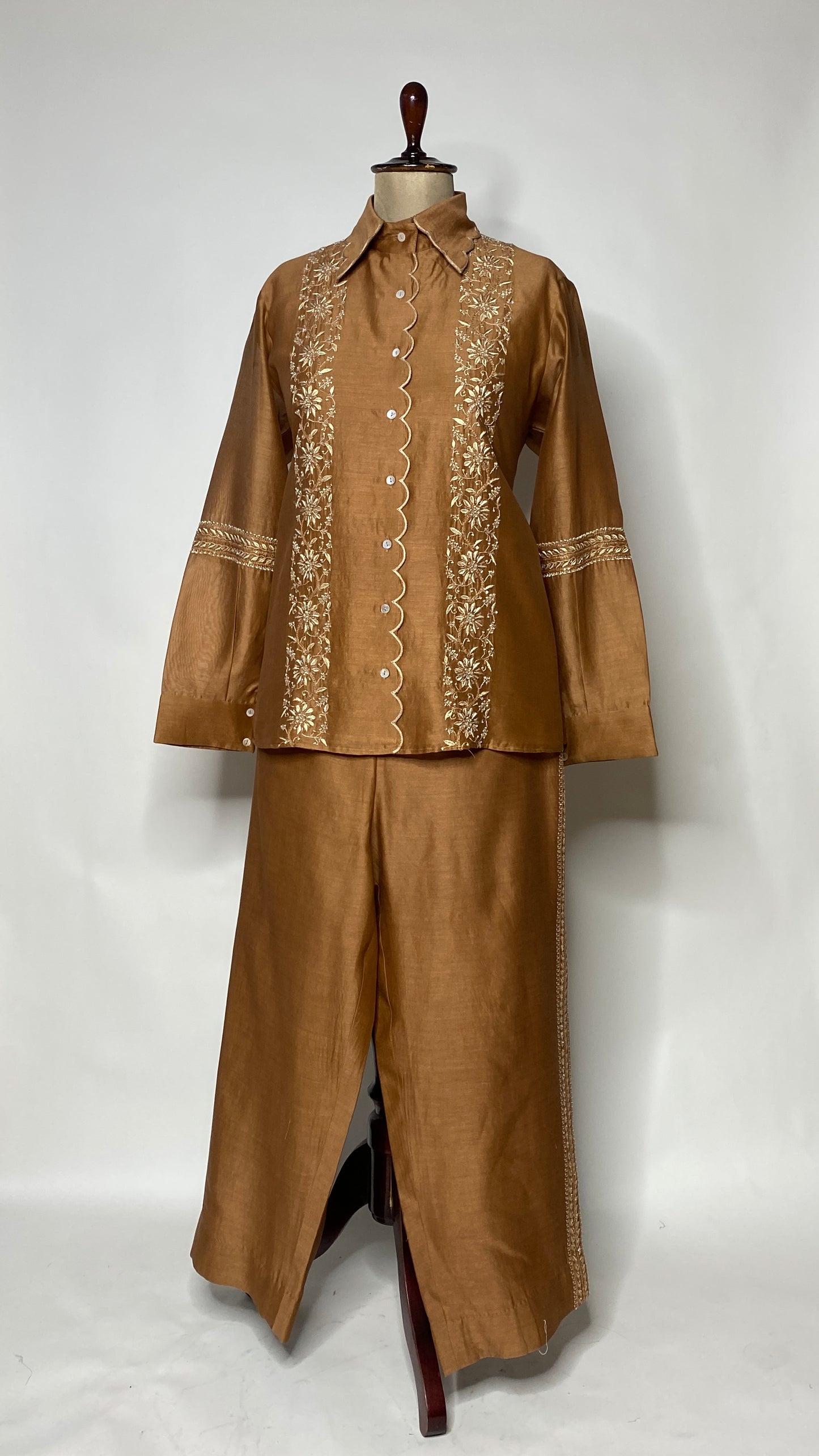 Rust Brown Scallop Detail Chikankari Shirt & Pant Set