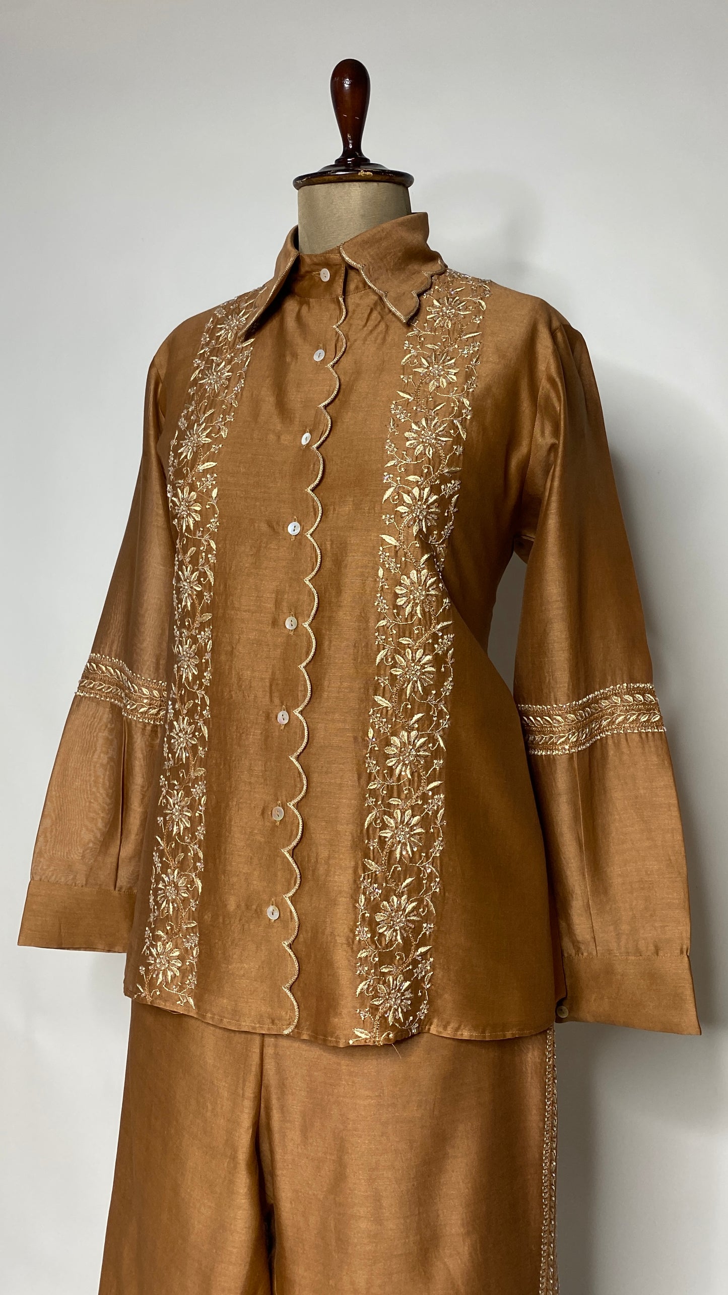 Rust Brown Scallop Detail Chikankari Shirt & Pant Set
