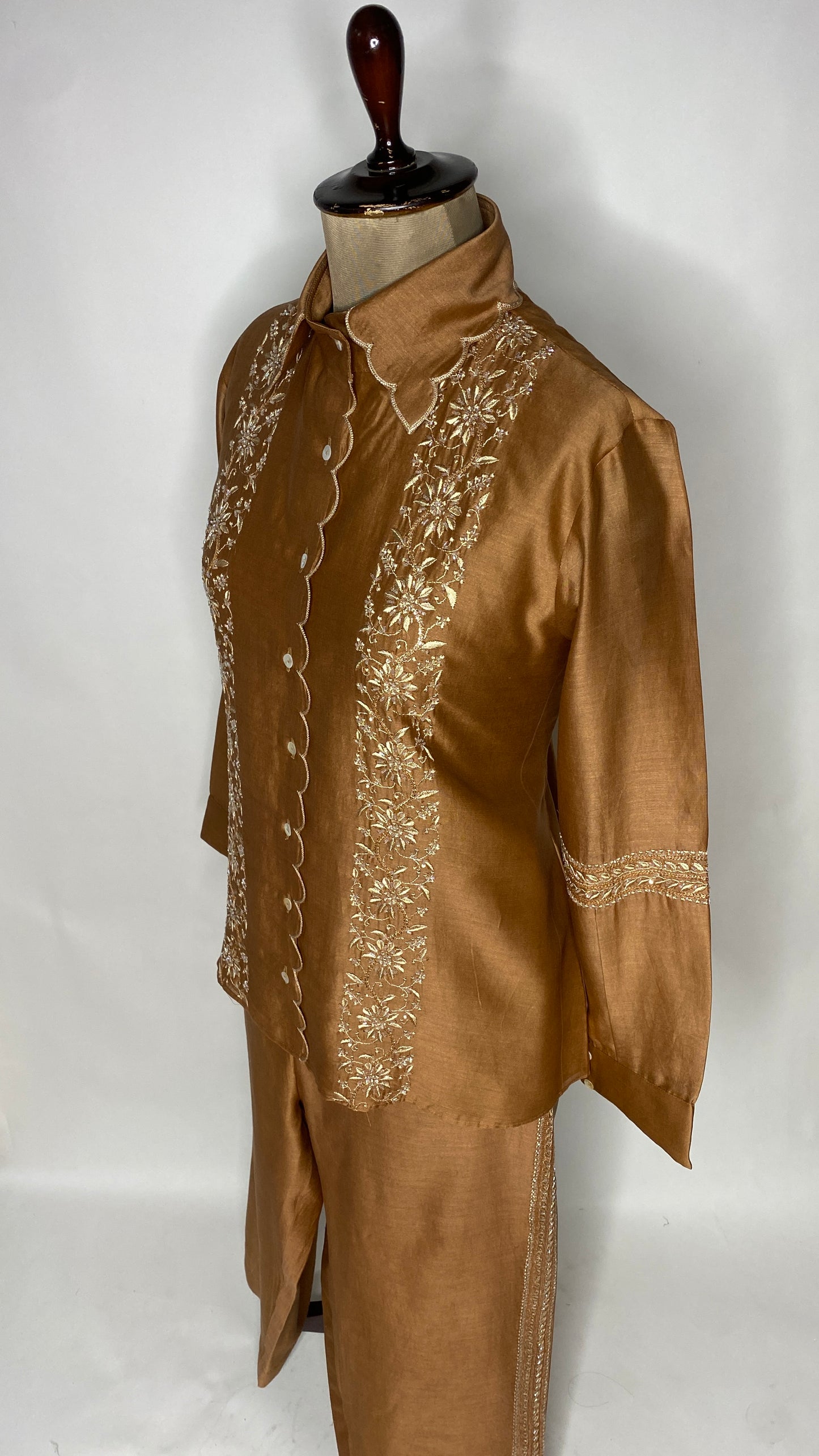 Rust Brown Scallop Detail Chikankari Shirt & Pant Set