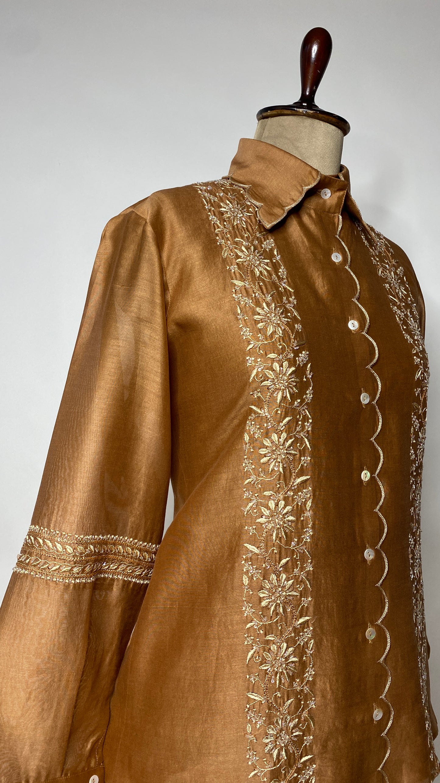 Rust Brown Scallop Detail Chikankari Shirt & Pant Set