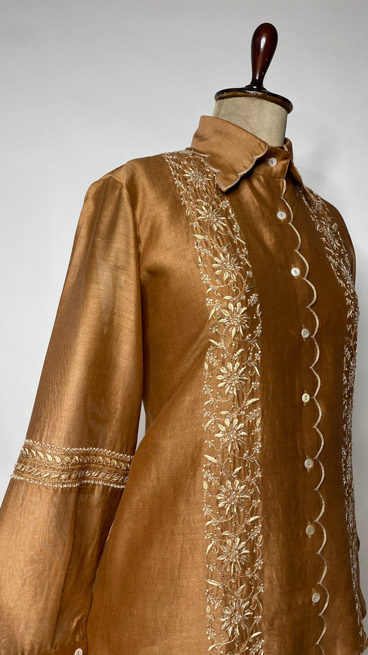 Rust Brown Scallop Detail Chikankari Shirt & Pant Set
