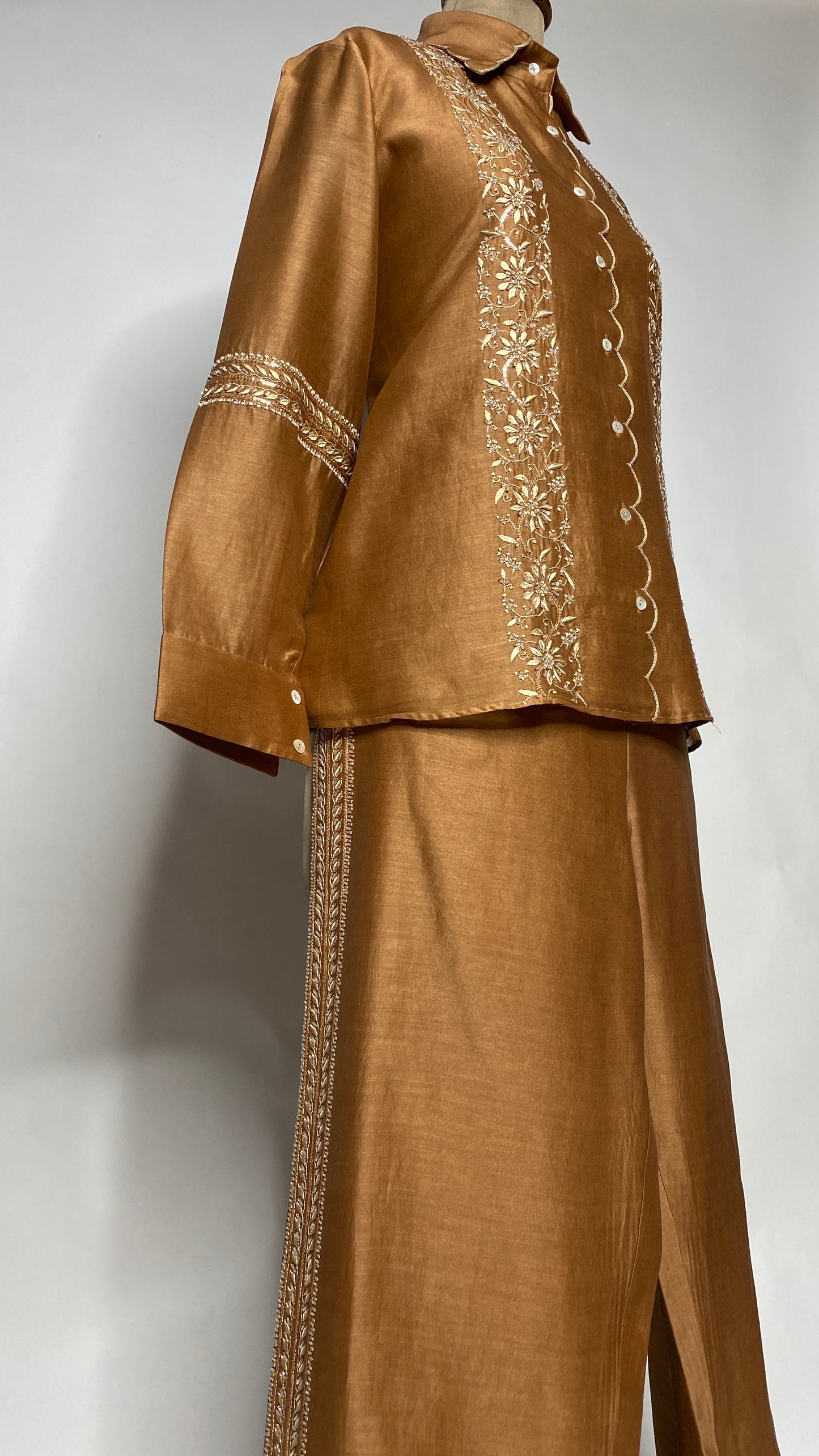 Rust Brown Scallop Detail Chikankari Shirt & Pant Set