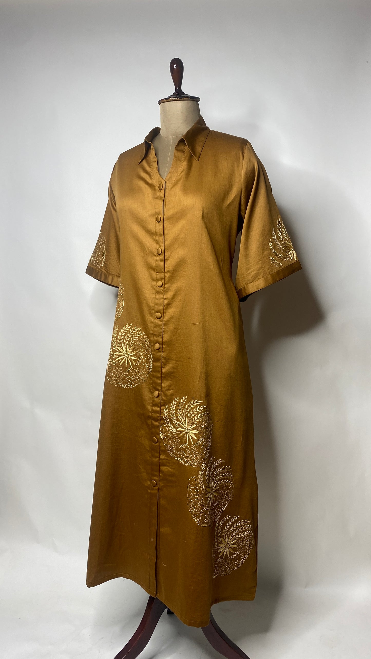 Golden Brown Cotton Chikankari Long Shirt Dress