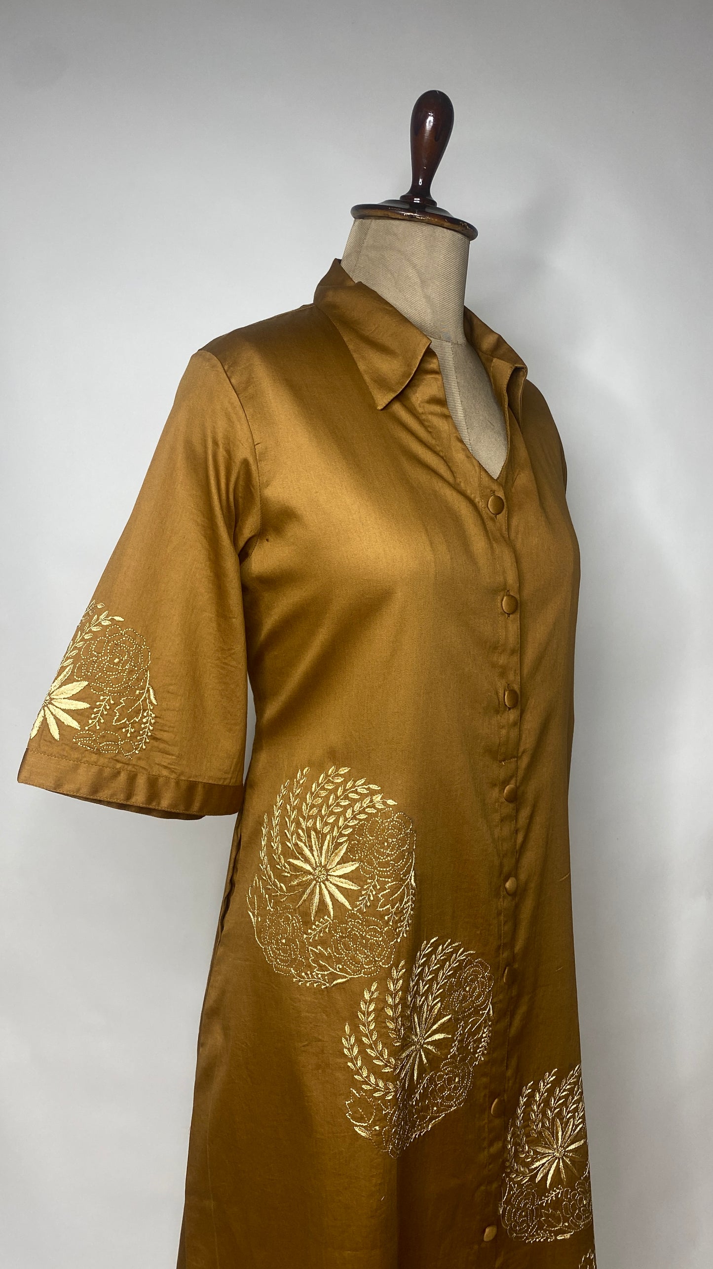 Golden Brown Cotton Chikankari Long Shirt Dress